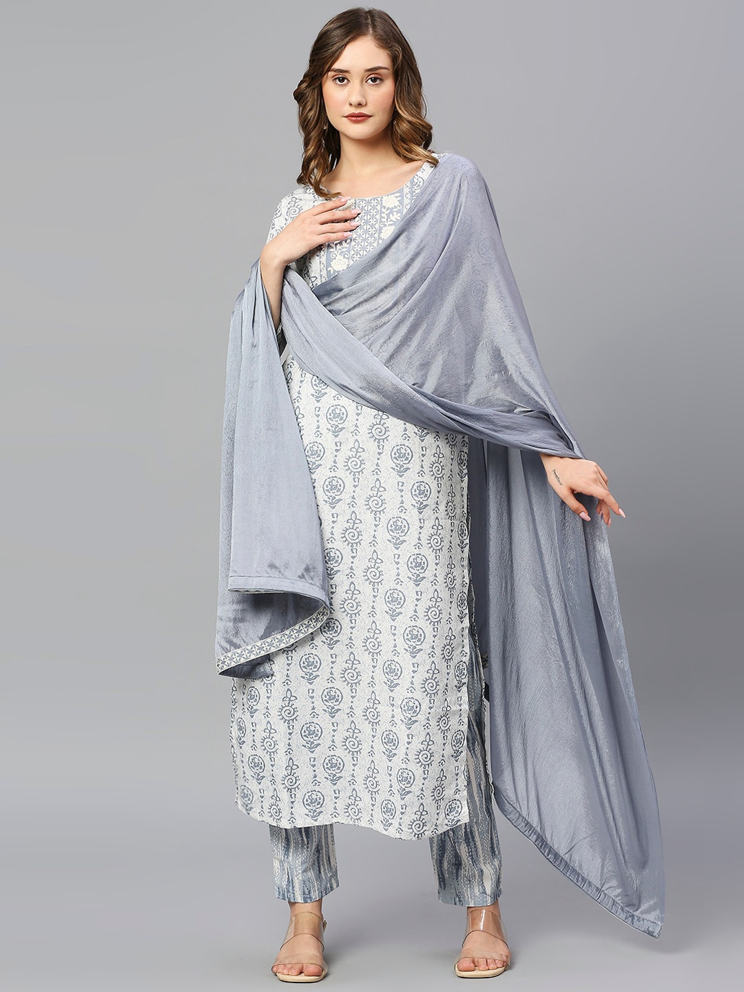 

Anuthi Ethnic Motifs Printed Thread Work Kurta with Trousers & With Dupatta, Grey