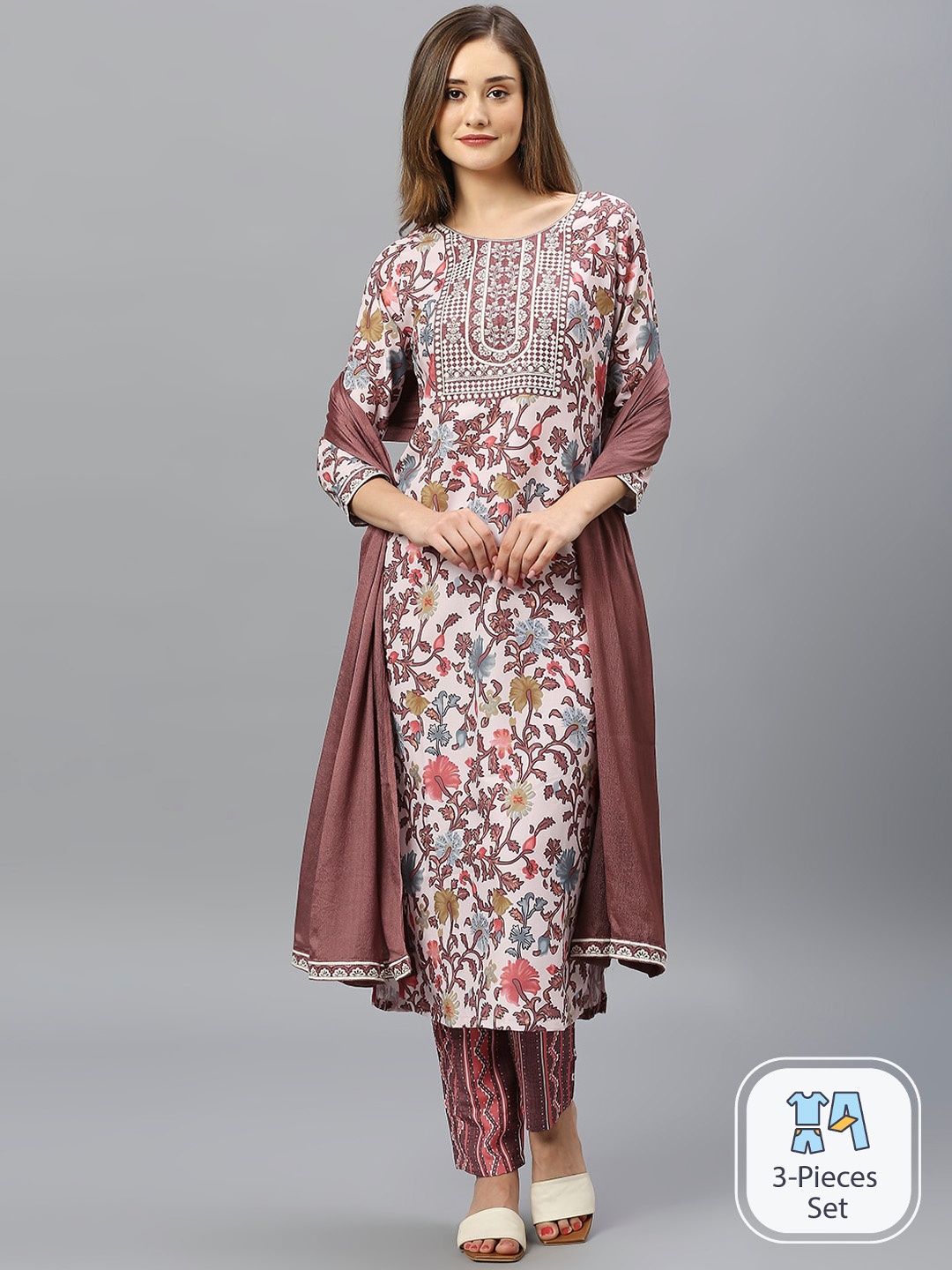 

Anuthi Ethnic Motifs Printed Straight Kurta With Trousers & Dupatta, Pink