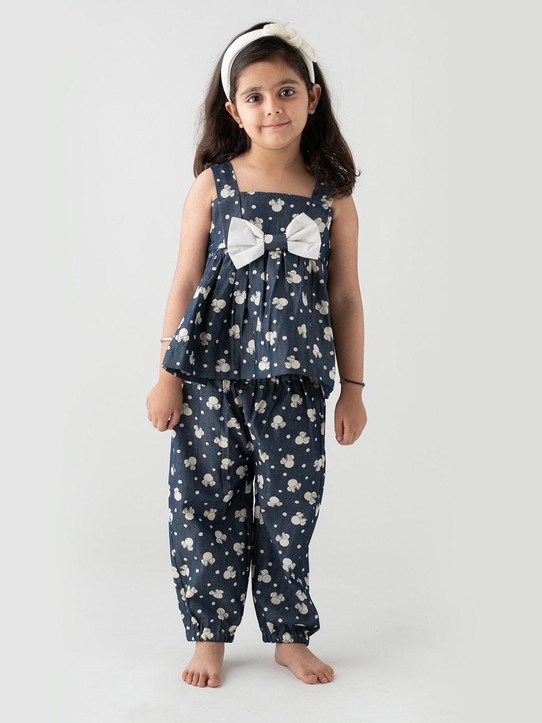 

Little Musketeer Girls Printed Linen Top With Joggers Night Suit, Blue