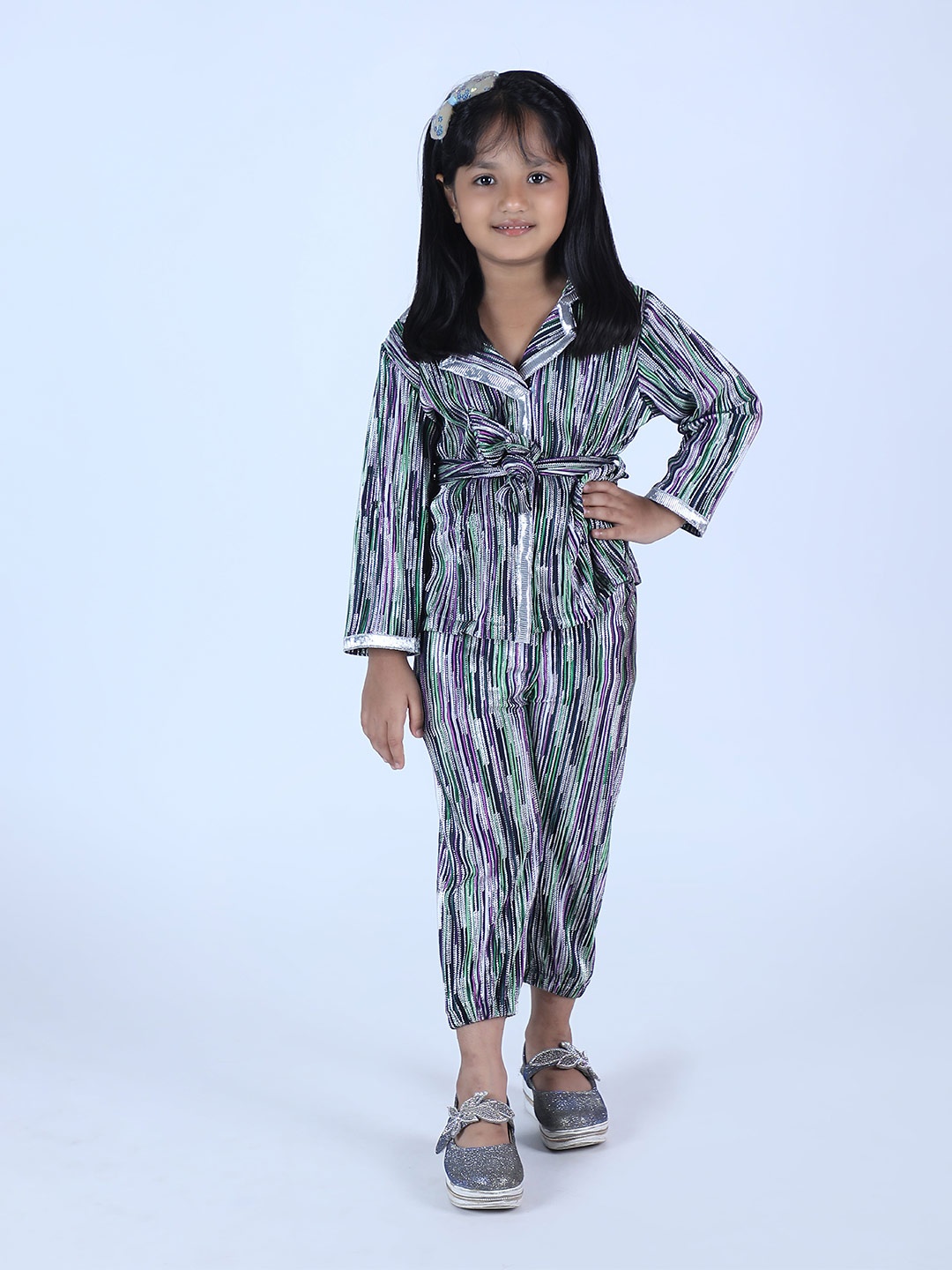 

Little Musketeer Girls Striped Shirt With Trousers Co-Ords, Green