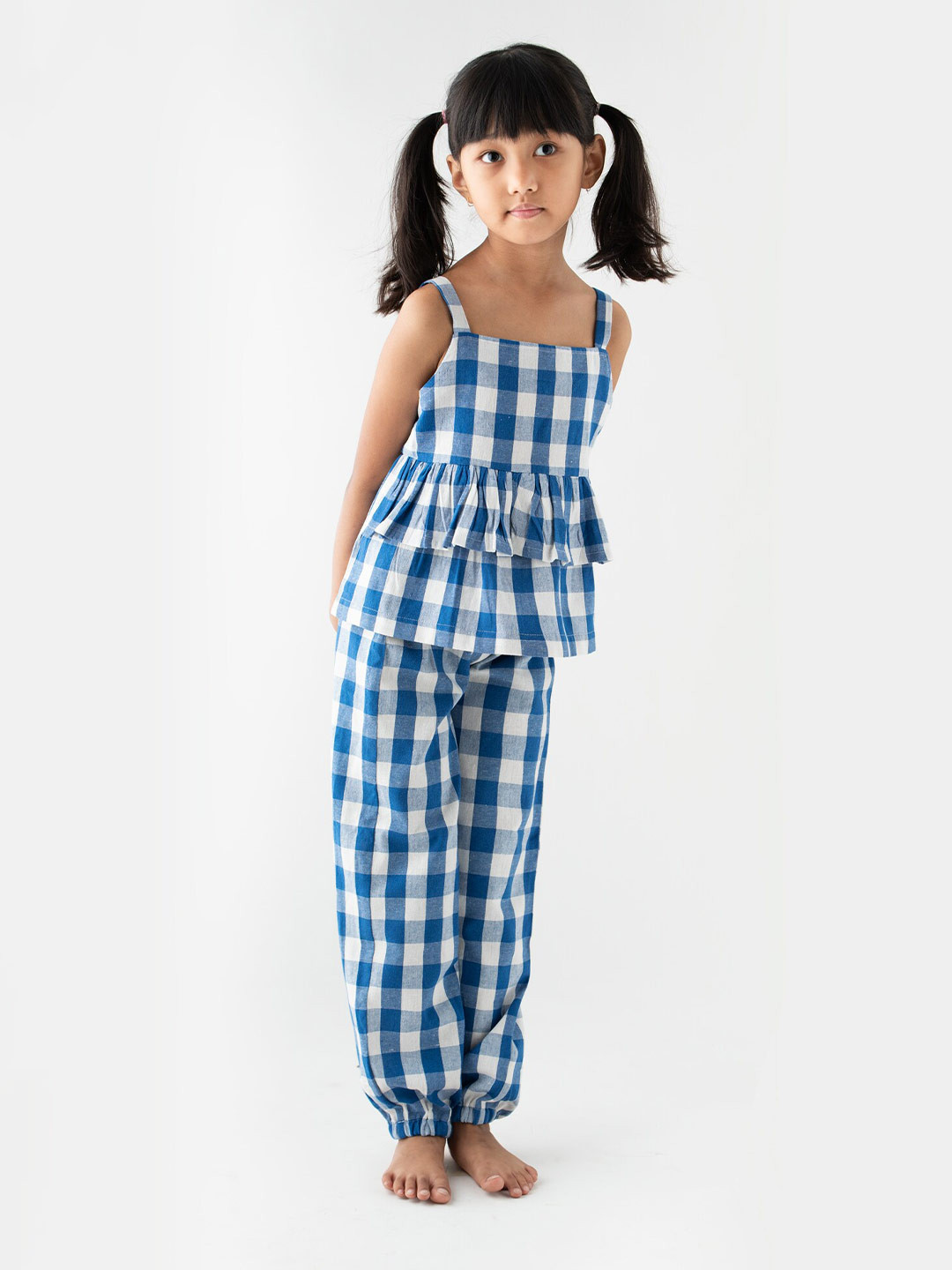 

Little Musketeer Girls Checked Cotton Top With Palazzos Co-Ords, Blue