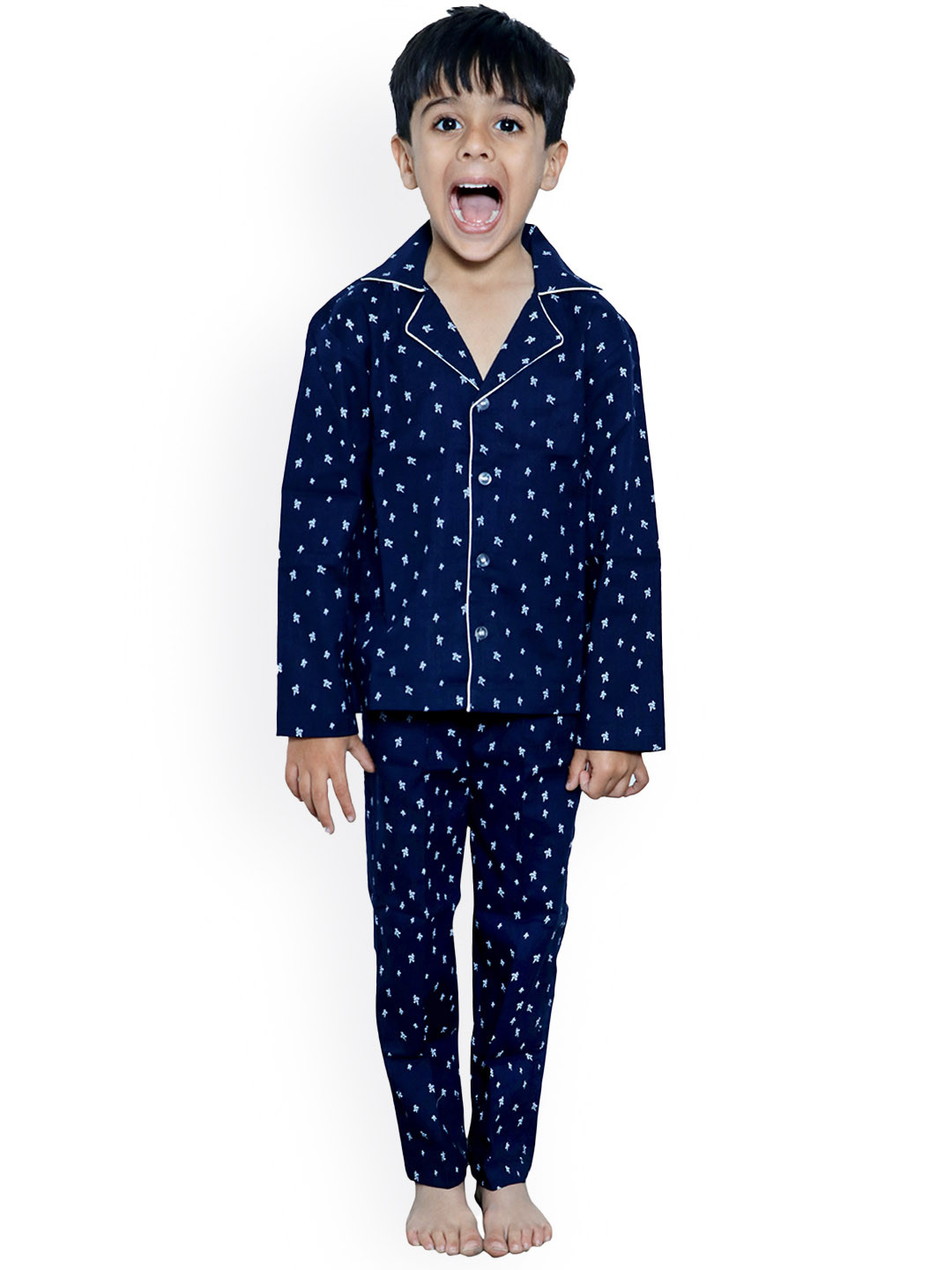 

Little Musketeer Boys Printed Cotton Shirt And Pyjamas Night Suit, Blue