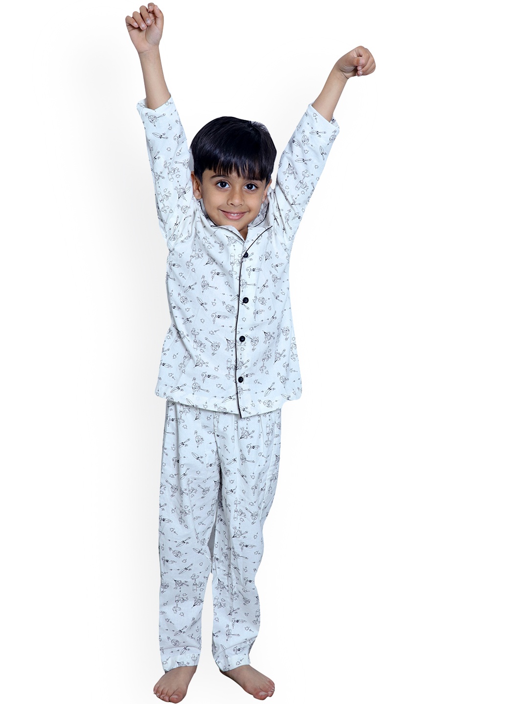 

Little Musketeer Boys Graphic Printed Pure Cotton Night Suit, White