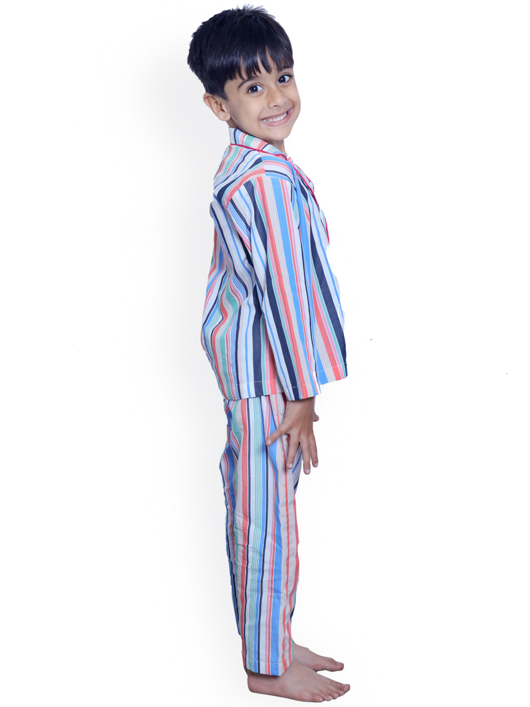 

Little Musketeer Boys Striped Cotton Shirt And Pyjamas Night Suit, White