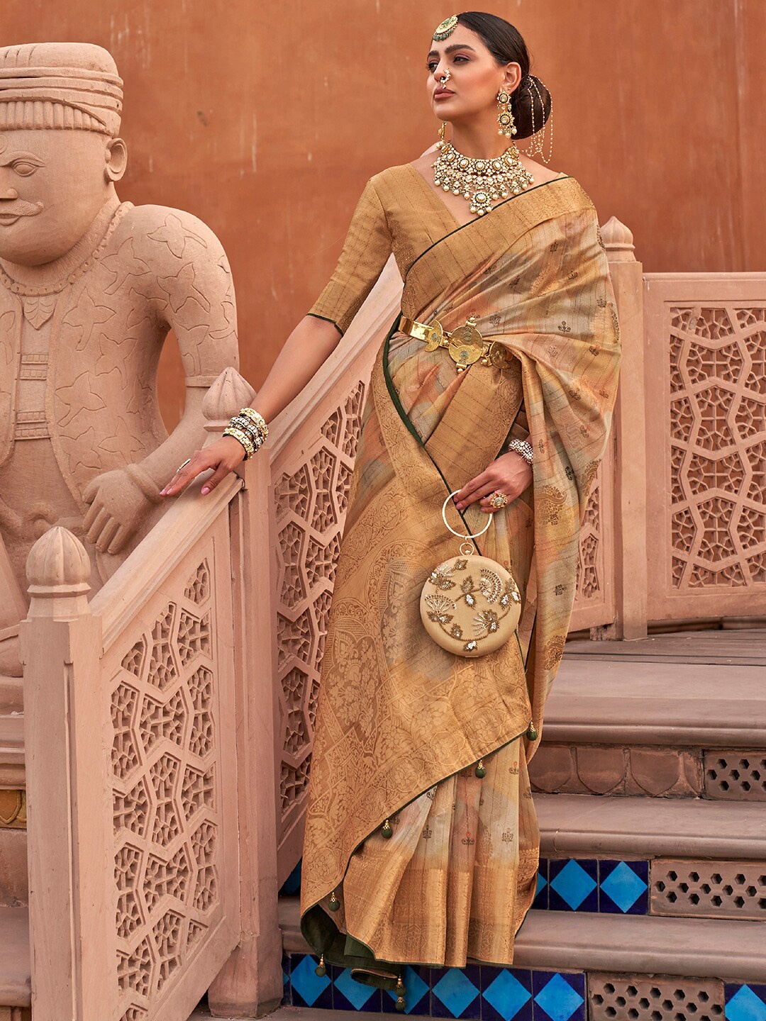 

Anouk Ethnic Motifs Woven Design Zari Organza Banarasi Saree, Camel brown