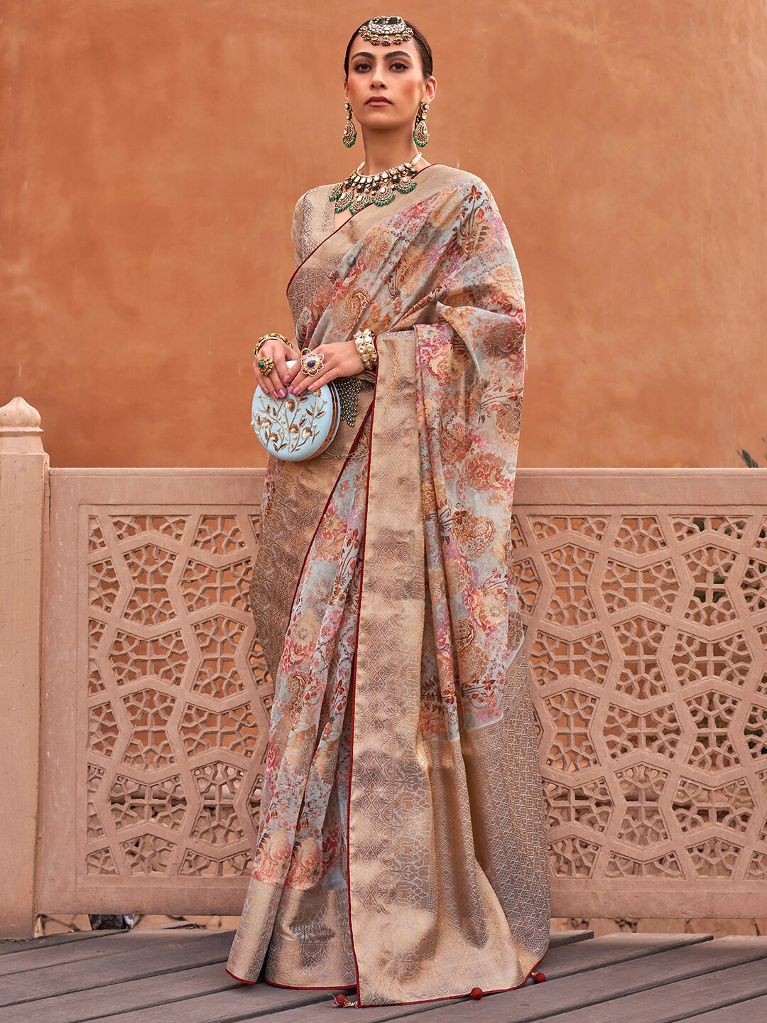 

Anouk Blue & Gold-Toned Ethnic Motifs Woven Design Zari Organza Banarasi Saree