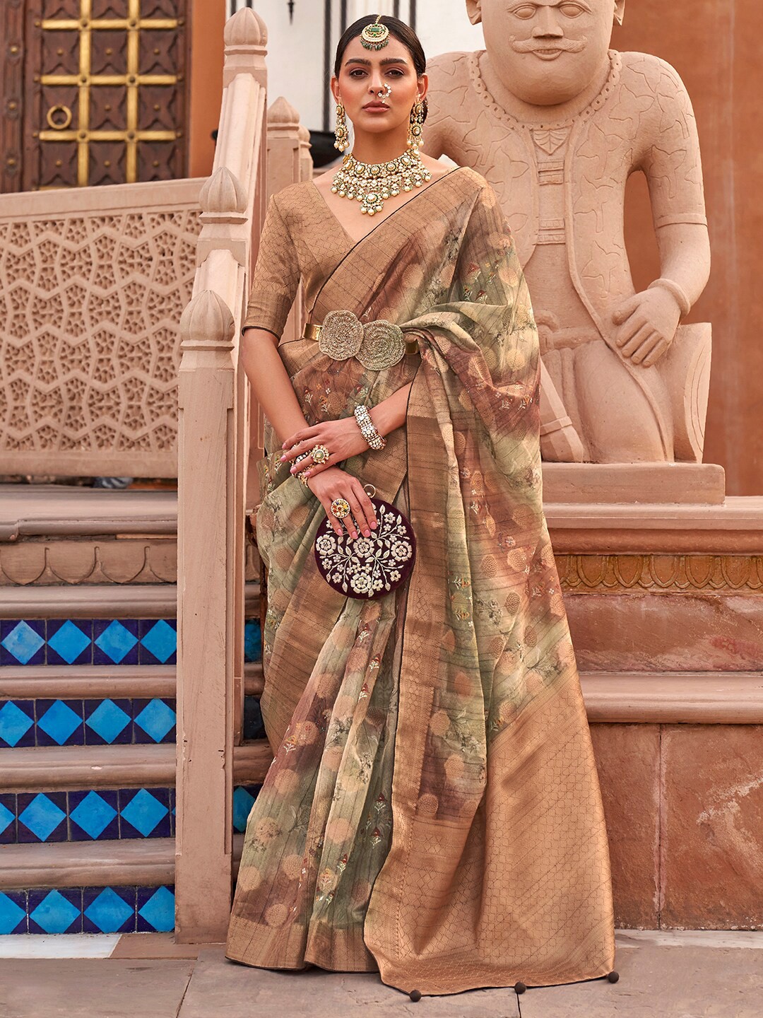 

Anouk Green & Brown Ethnic Motifs Woven Design Zari Organza Banarasi Saree