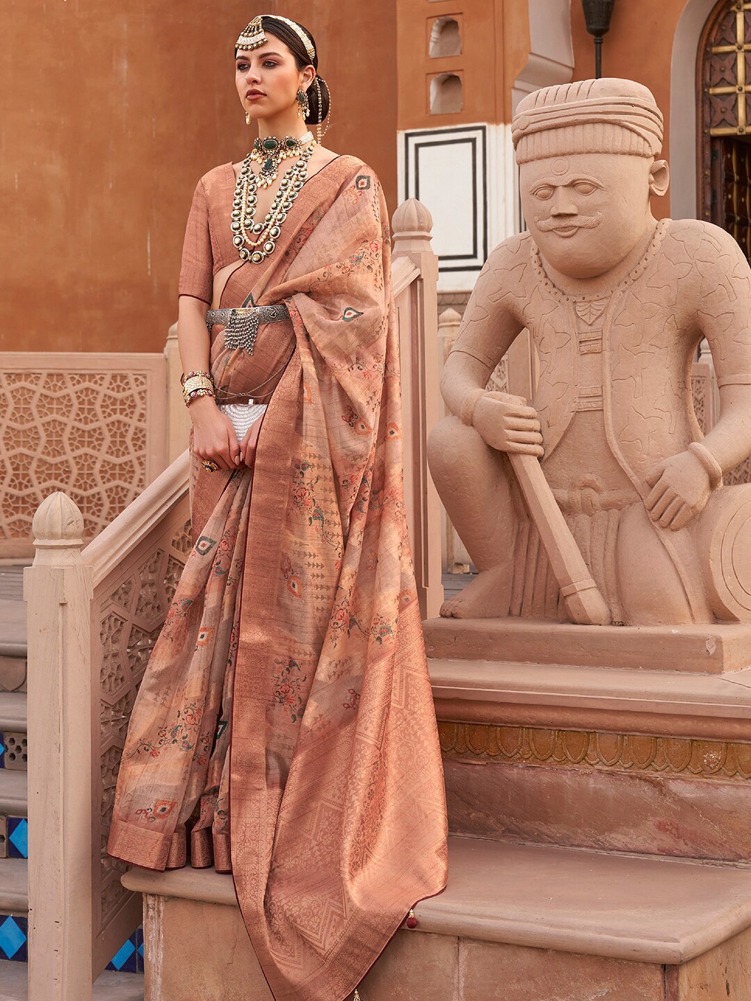 

Anouk Ethnic Motifs Woven Design Zari Organza Banarasi Saree, Brown