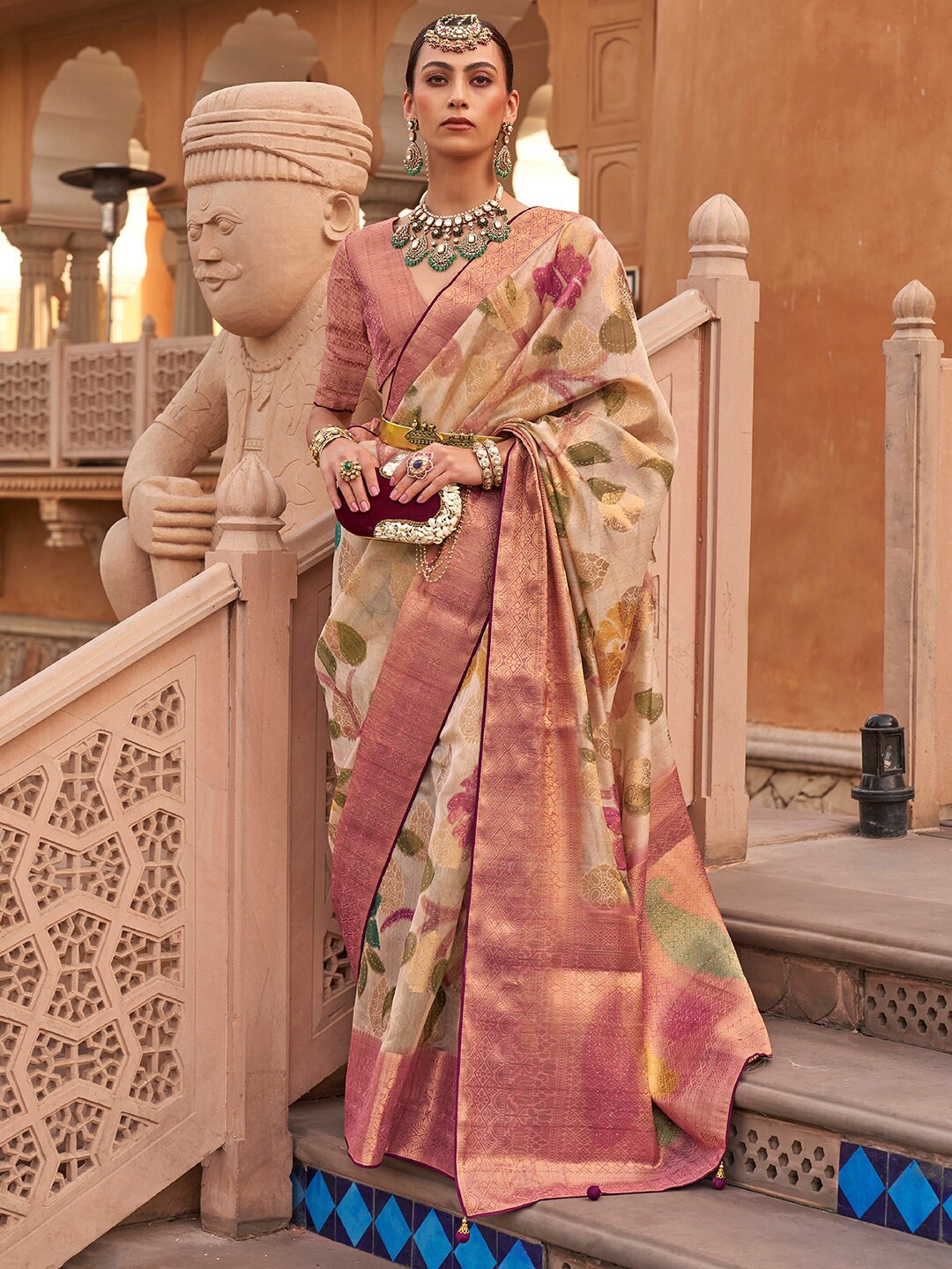 

Anouk Ethnic Motifs Woven Design Zari Organza Banarasi Saree, Cream