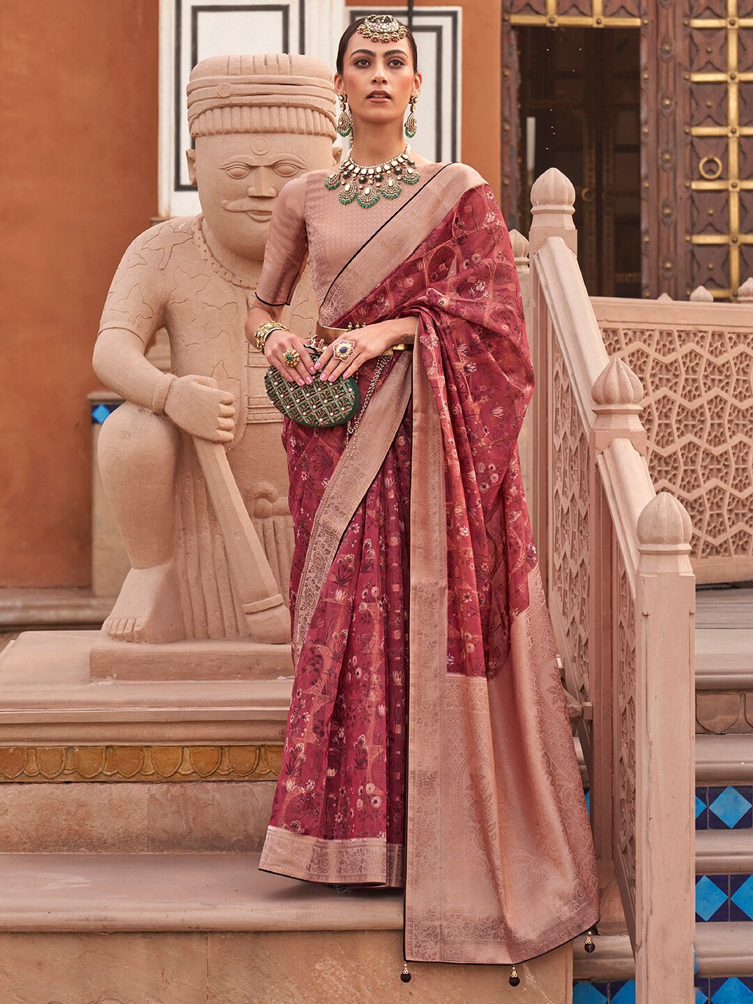 

Anouk Maroon & Peach-Coloured Ethnic Motifs Printed Zari Organza Banarasi Saree