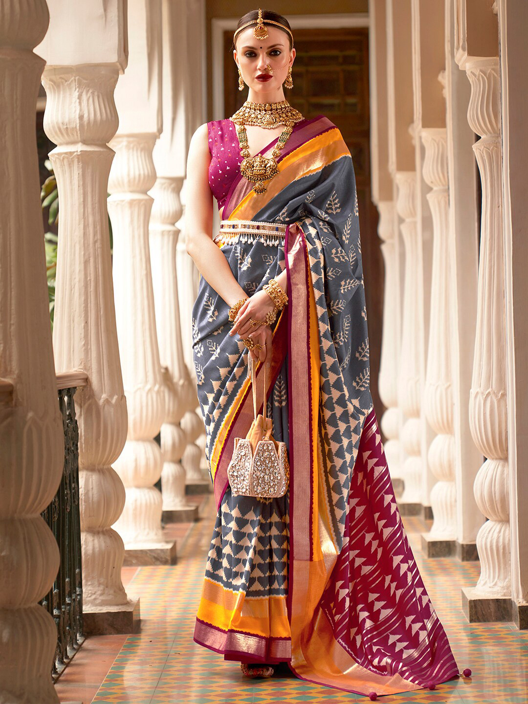 

Anouk Ethnic Motifs Woven Design Zari Ikat Saree, Grey