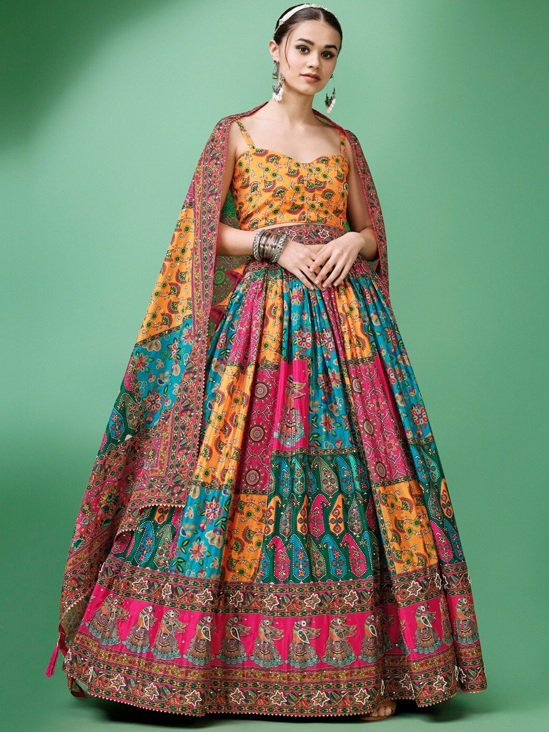 

PURVAJA Ethnic Motifs Printed Silk Semi-Stitched Lehenga & Unstitched Blouse With Dupatta, Yellow