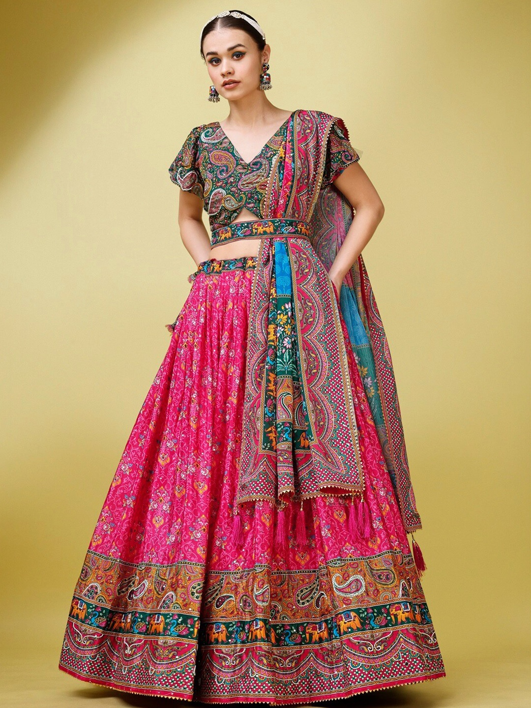 

PURVAJA Ethnic Motifs Printed Silk Semi-Stitched Lehenga & Unstitched Blouse With Dupatta, Green