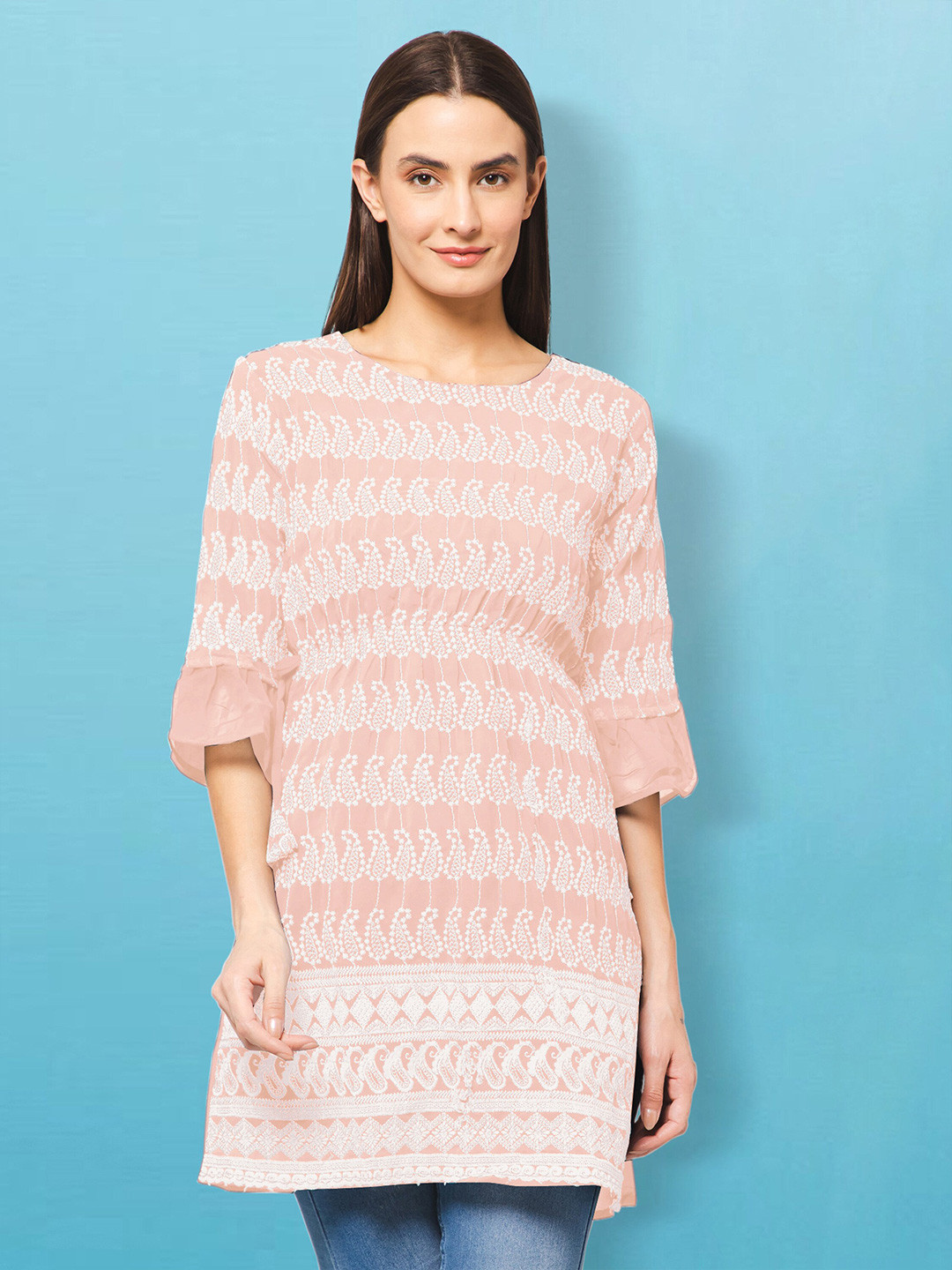 

Winza Designer Round Neck Paisley Embroidered Bell Sleeve A-Line Kurti, Peach
