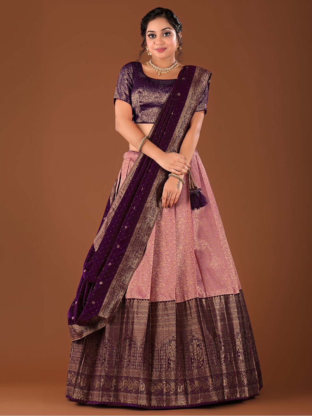 

HALFSAREE STUDIO Woven Design Silk Semi-Stitched Lehenga & Unstitched Blouse With Dupatta, Pink