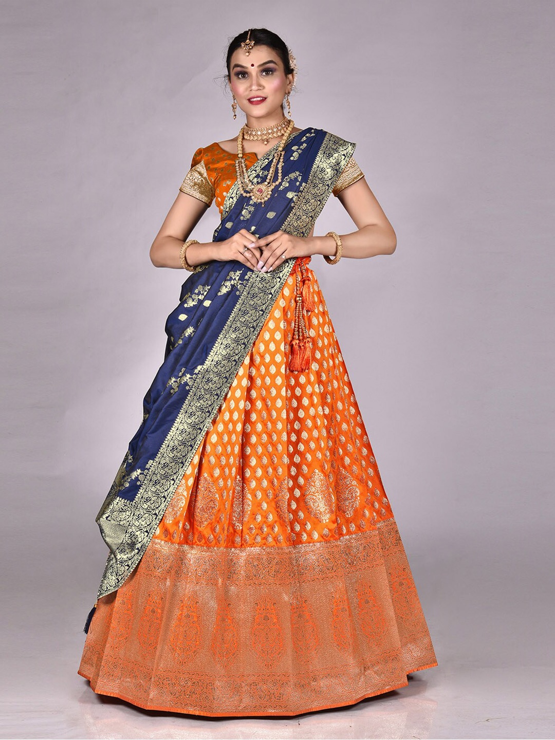 

HALFSAREE STUDIO Semi-Stitched Lehenga & Unstitched Blouse With Dupatta, Orange