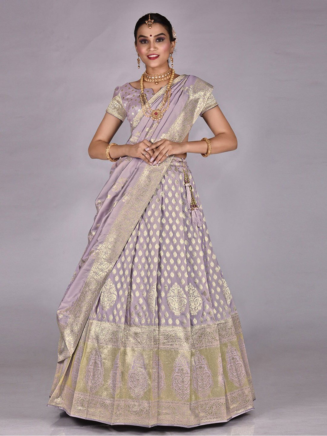 

HALFSAREE STUDIO Woven Design Semi-Stitched Lehenga & Unstitched Blouse With Dupatta, Lavender