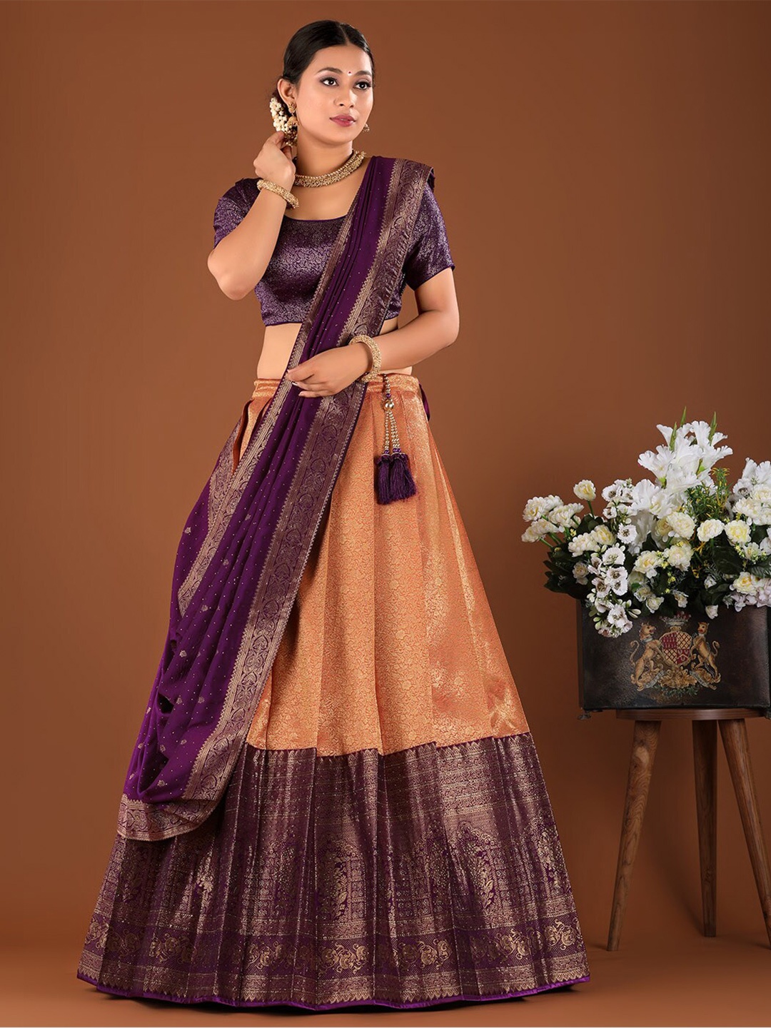 

HALFSAREE STUDIO Semi-Stitched Lehenga & Unstitched Blouse With Dupatta, Orange