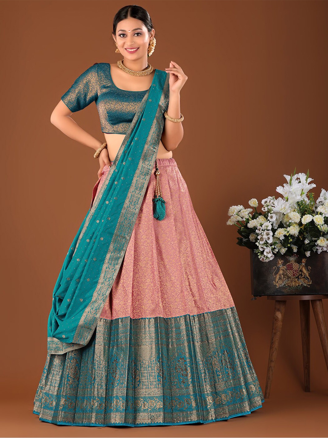 

HALFSAREE STUDIO Woven Design Semi-Stitched Lehenga & Unstitched Blouse With Dupatta, Blue