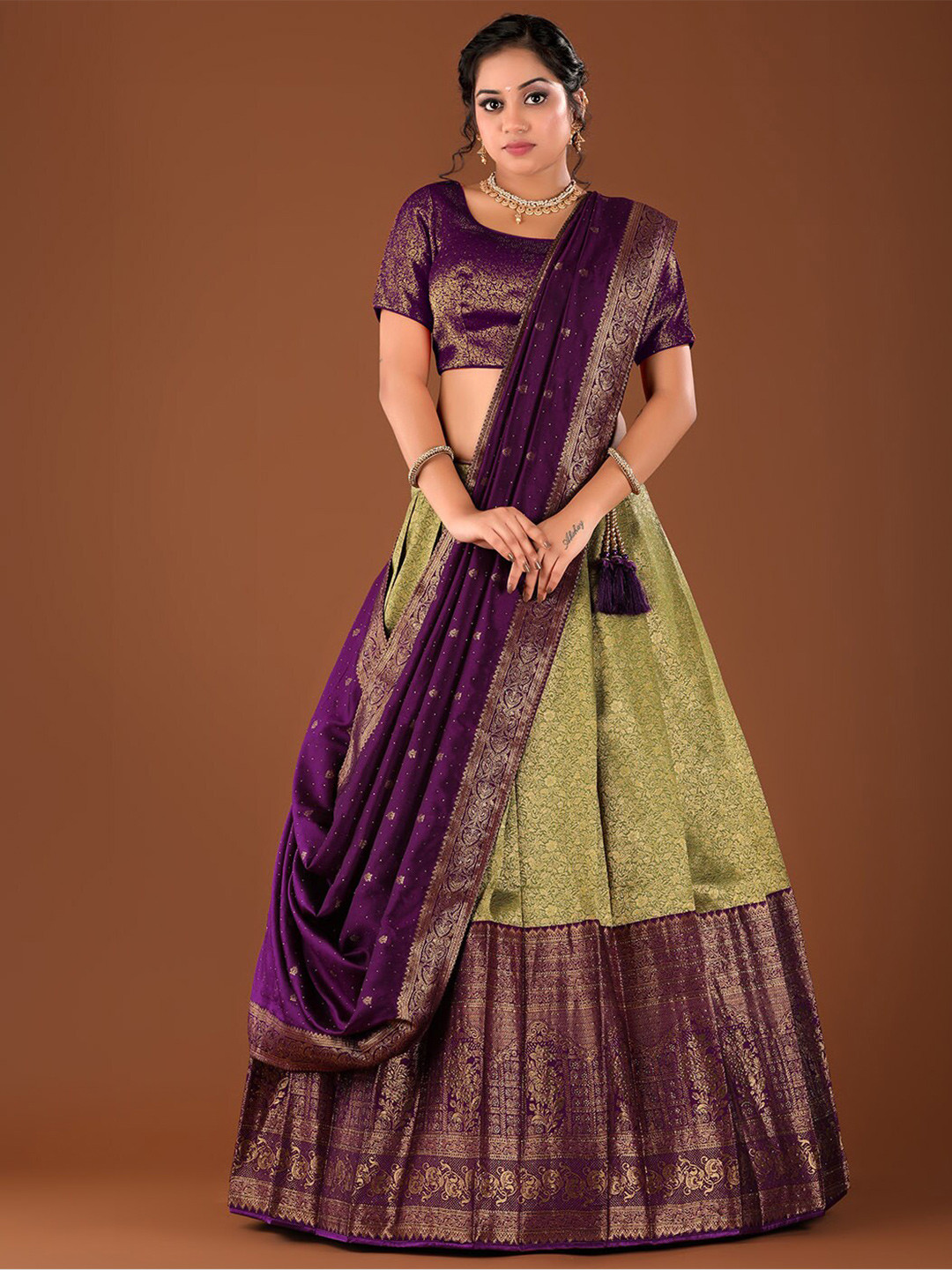 

HALFSAREE STUDIO Woven Design Semi-Stitched Lehenga & Unstitched Blouse With Dupatta, Purple
