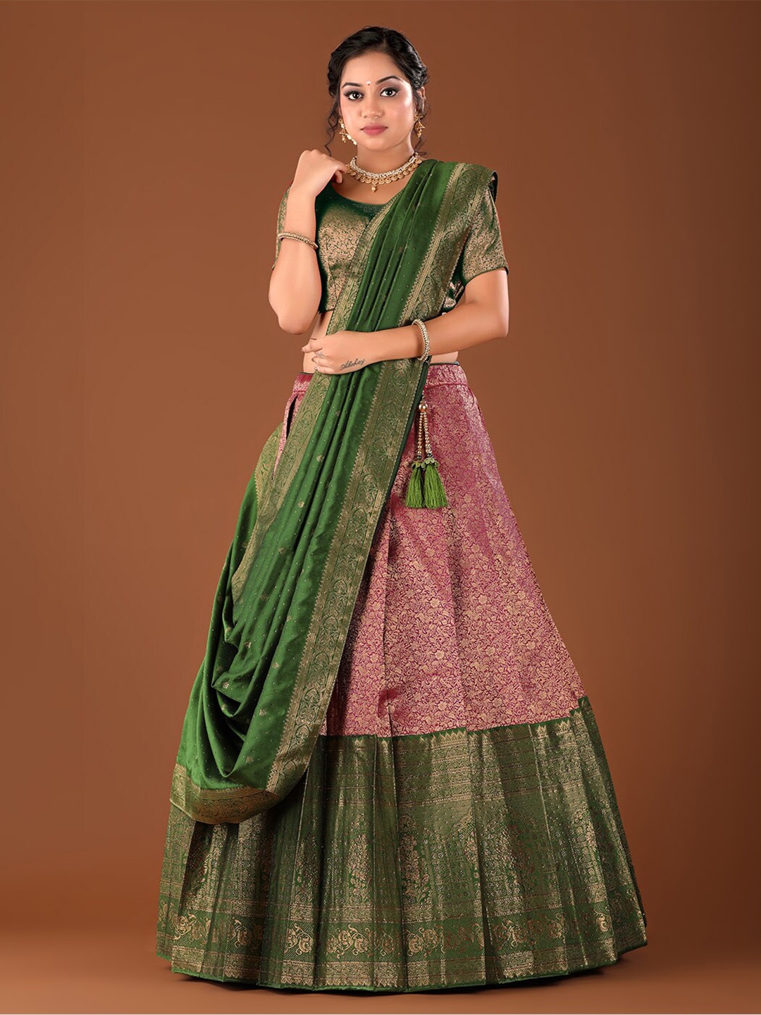 

HALFSAREE STUDIO Woven Design Semi-Stitched Lehenga & Unstitched Blouse With Dupatta, Pink
