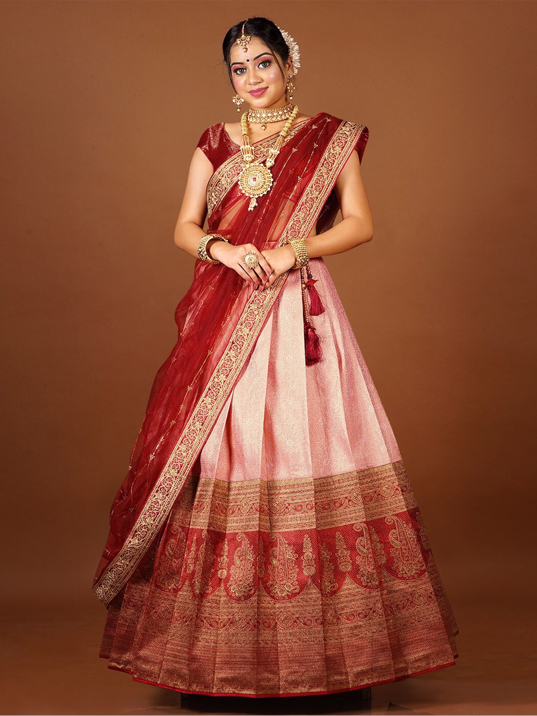 

HALFSAREE STUDIO Woven Design Semi-Stitched Lehenga & Unstitched Blouse With Dupatta, Red