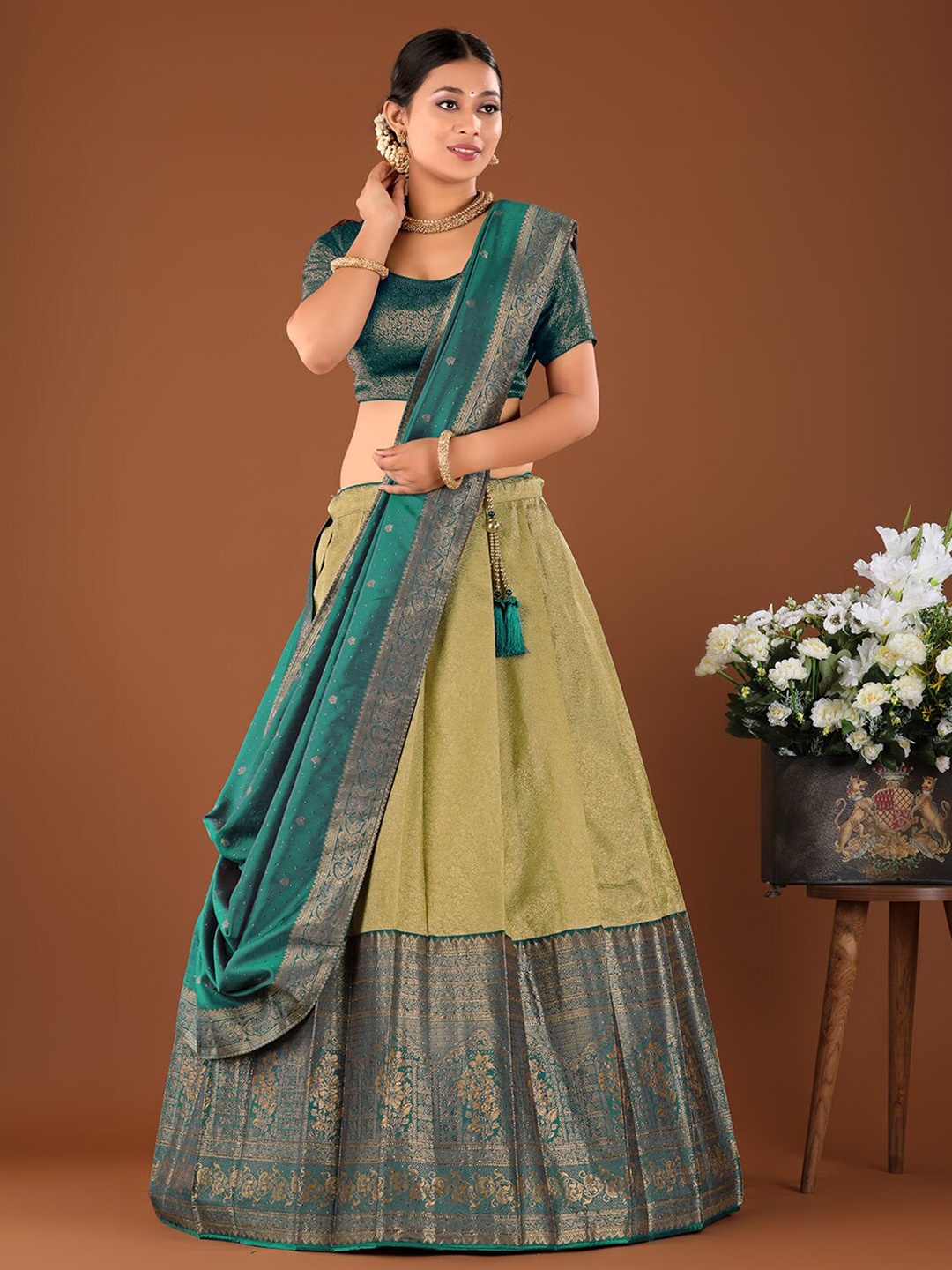

HALFSAREE STUDIO Woven Design Semi-Stitched Lehenga & Unstitched Blouse With Dupatta, Green