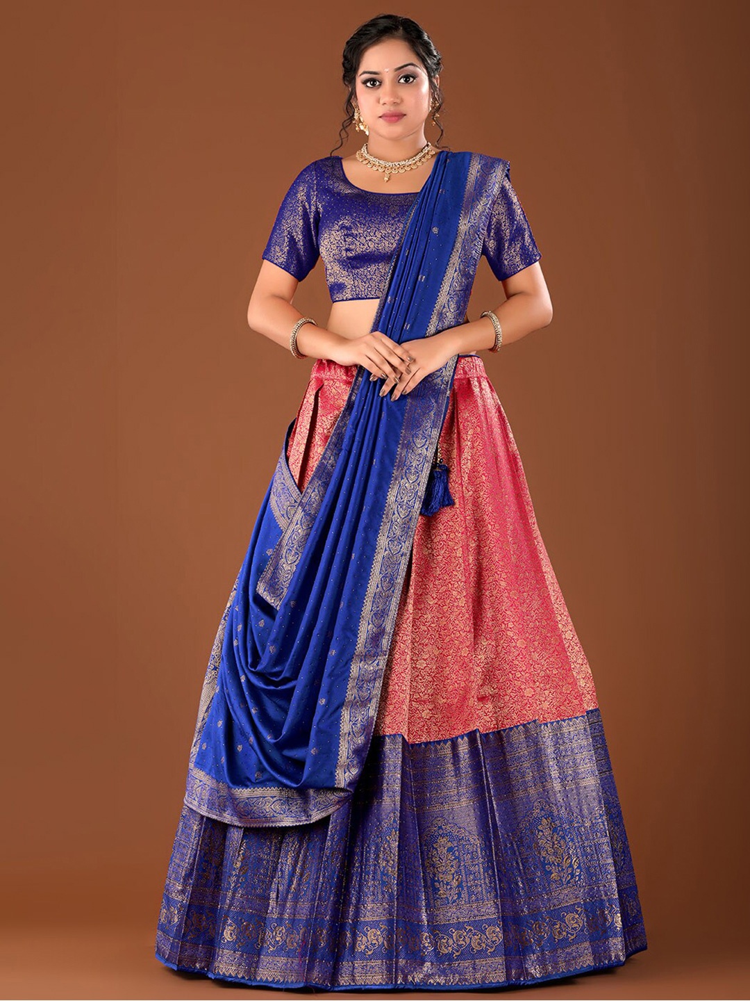 

HALFSAREE STUDIO Woven Design Semi-Stitched Lehenga & Unstitched Blouse With Dupatta, Pink