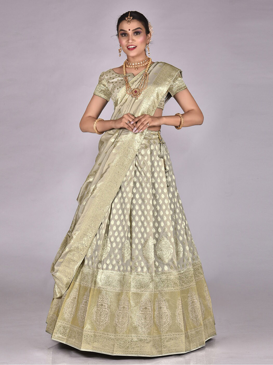 

HALFSAREE STUDIO Woven Design Semi-Stitched Lehenga & Unstitched Blouse With Dupatta, Grey