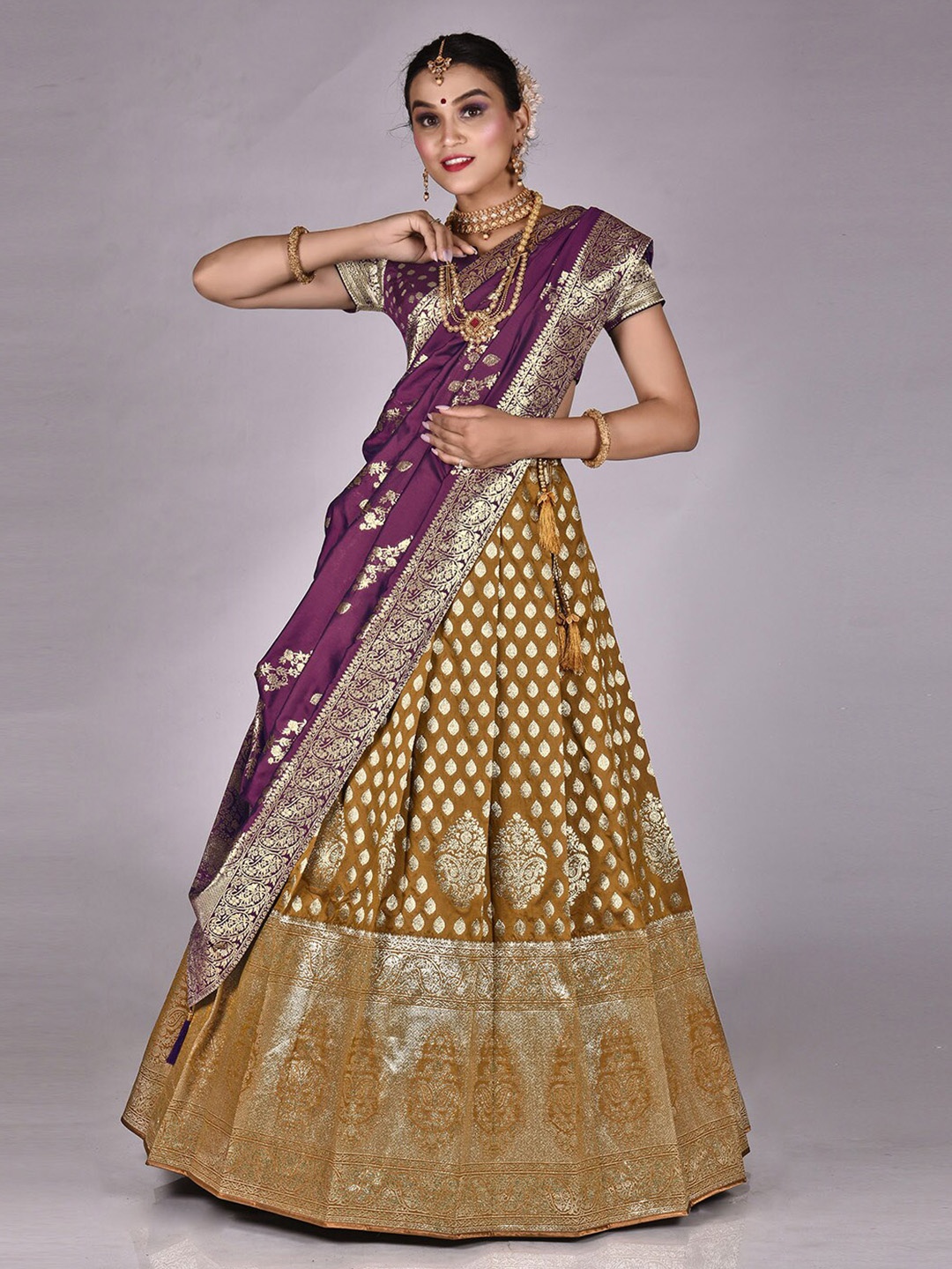 

HALFSAREE STUDIO Woven Design Semi-Stitched Lehenga & Unstitched Blouse With Dupatta, Purple