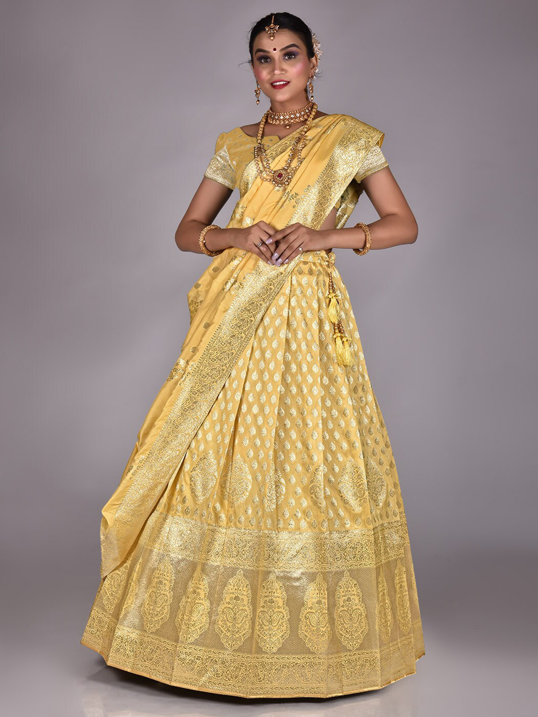 

HALFSAREE STUDIO Woven Design Silk Semi-Stitched Lehenga & Unstitched Blouse With Dupatta, Yellow