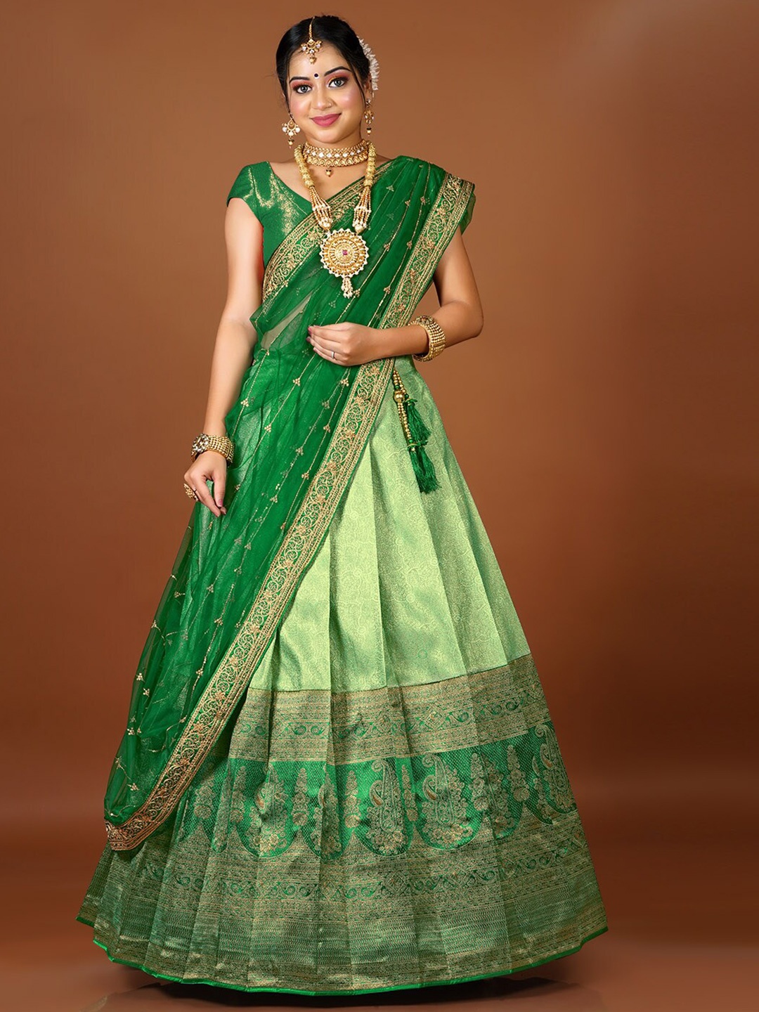 

HALFSAREE STUDIO Woven Design Semi-Stitched Lehenga & Unstitched Blouse With Dupatta, Green