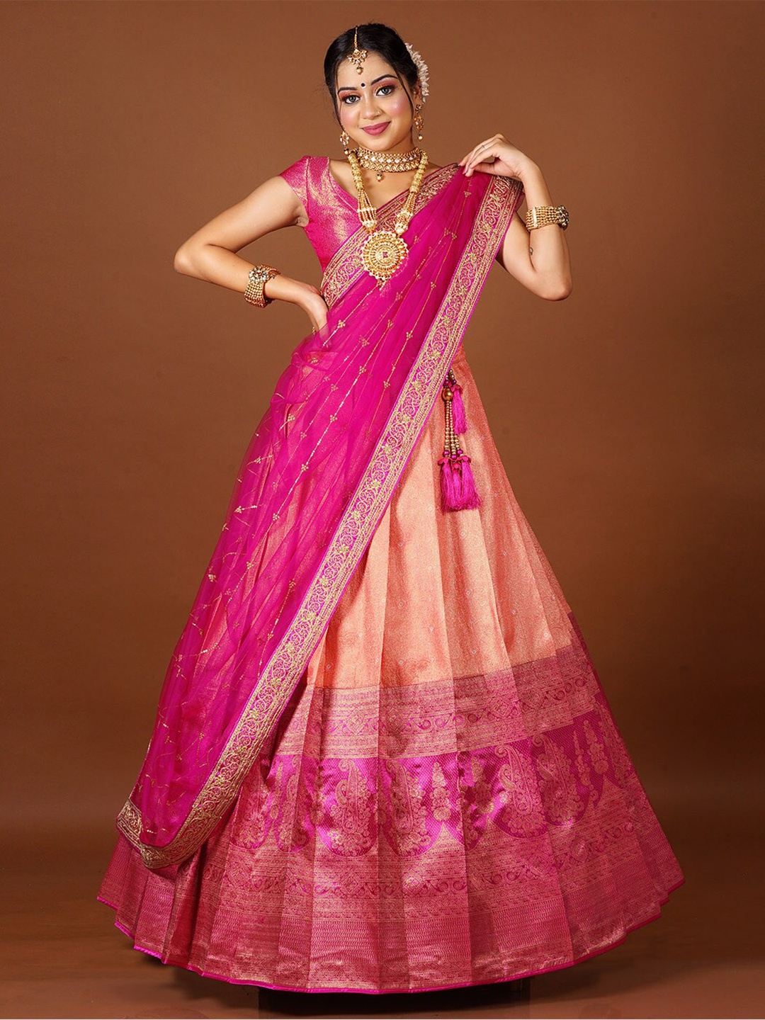 

HALFSAREE STUDIO Semi-Stitched Lehenga & Unstitched Blouse With Dupatta, Pink