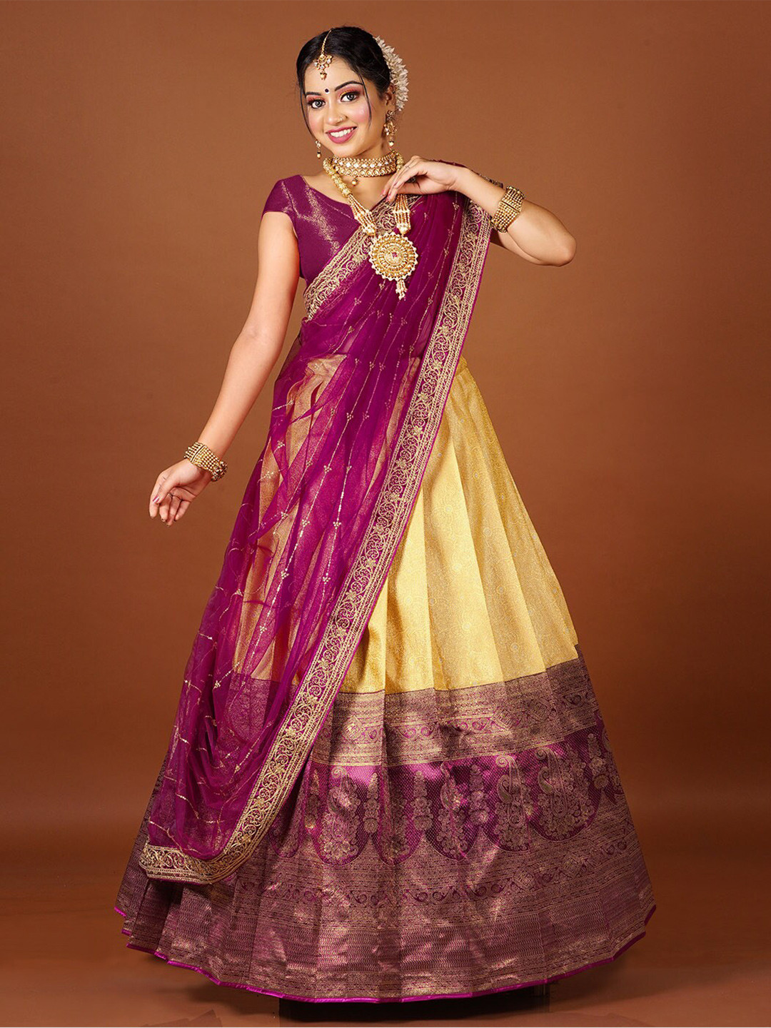 

HALFSAREE STUDIO Semi-Stitched Lehenga & Unstitched Blouse With Dupatta, Purple