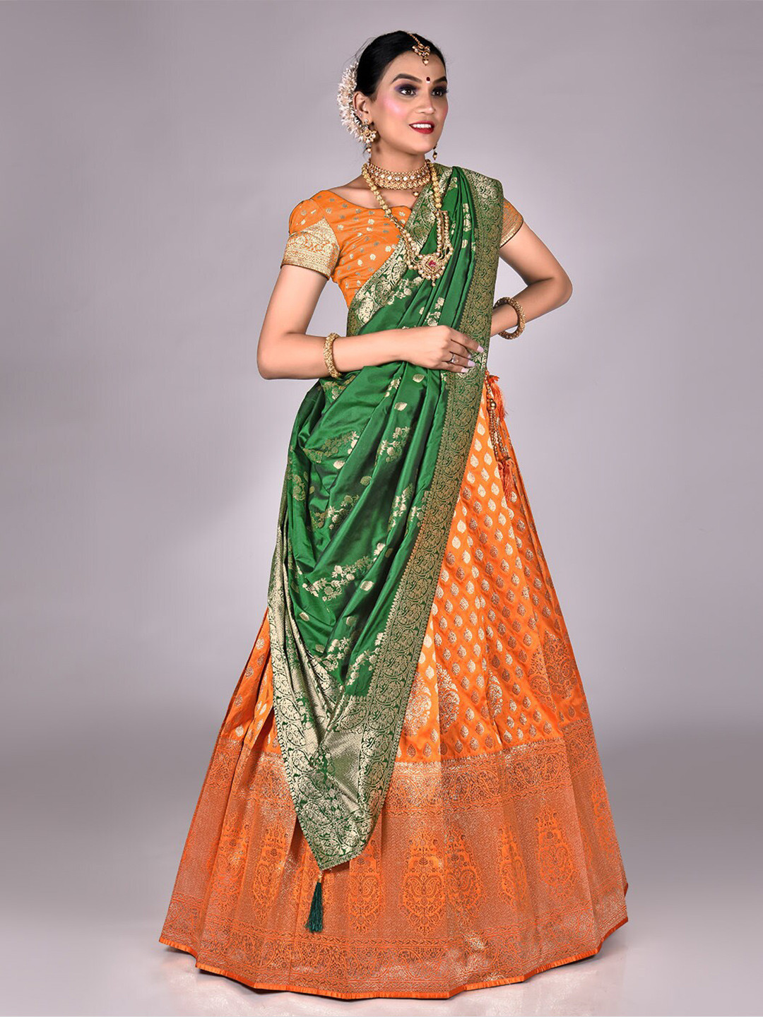

HALFSAREE STUDIO Woven Design Semi-Stitched Lehenga & Unstitched Blouse With Dupatta, Orange