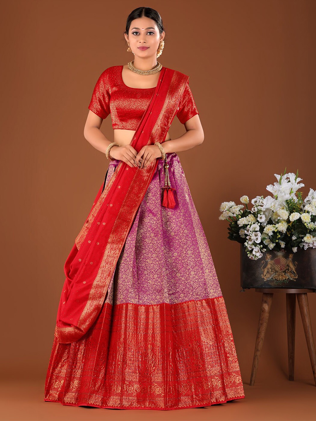 

HALFSAREE STUDIO Woven Design Semi-Stitched Lehenga & Unstitched Blouse With Dupatta, Pink