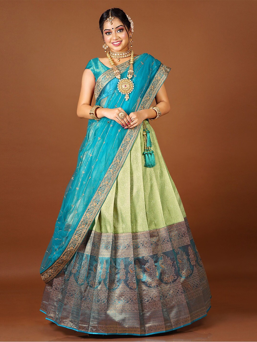 

HALFSAREE STUDIO Semi-Stitched Lehenga & Unstitched Blouse With Dupatta, Blue