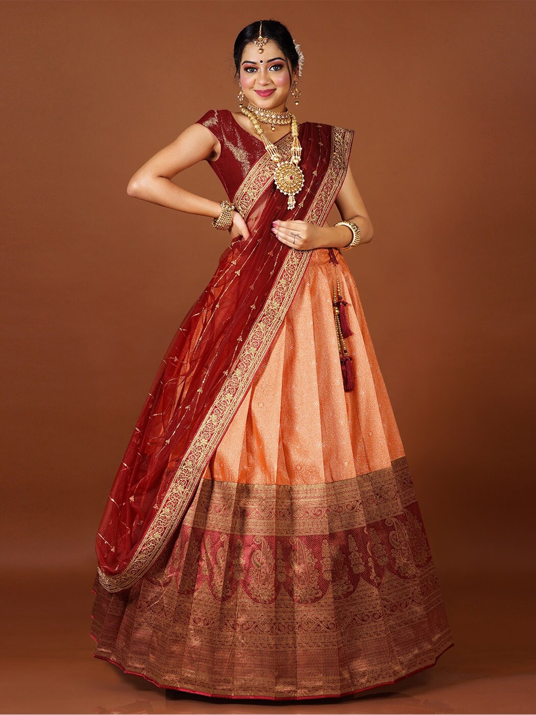 

HALFSAREE STUDIO Woven Design Semi-Stitched Lehenga & Unstitched Blouse With Dupatta, Peach