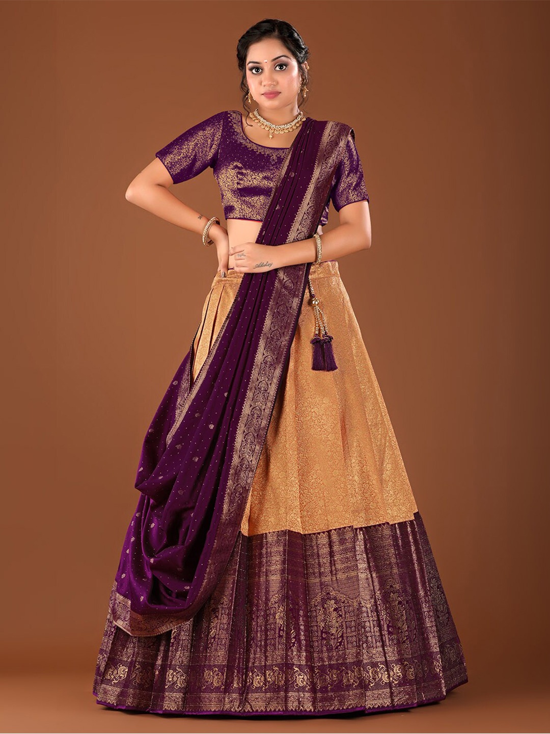 

HALFSAREE STUDIO Woven Design Silk Semi-Stitched Lehenga & Unstitched Blouse With Dupatta, Purple