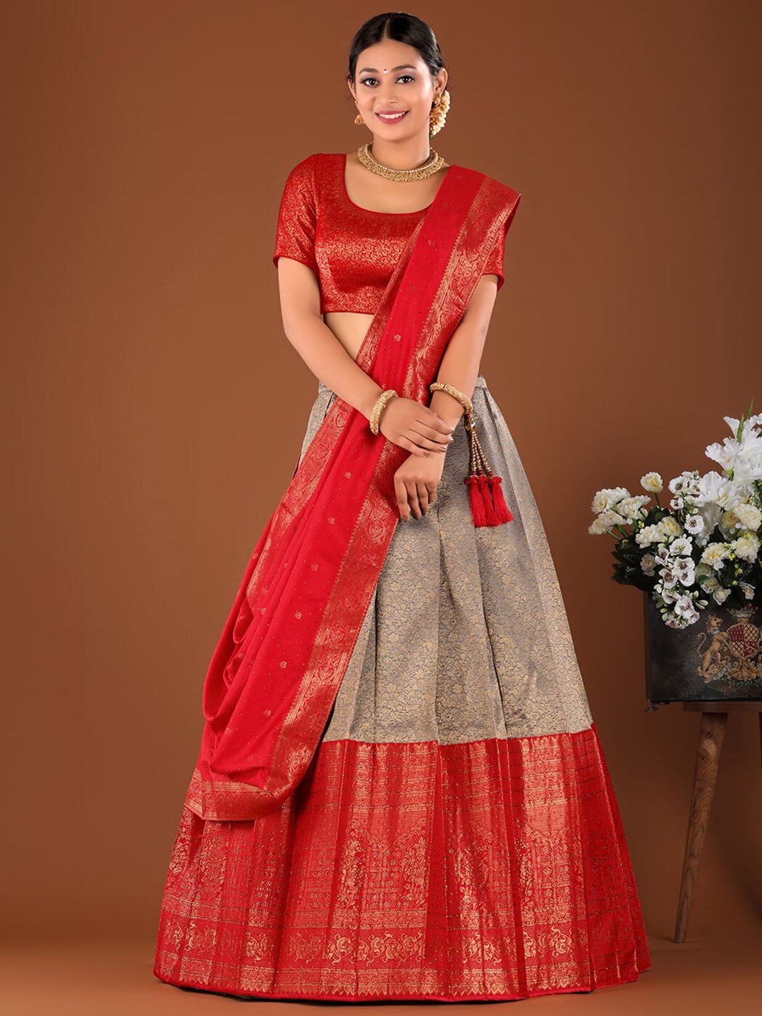 

HALFSAREE STUDIO Semi-Stitched Lehenga & Unstitched Blouse With Dupatta, Red