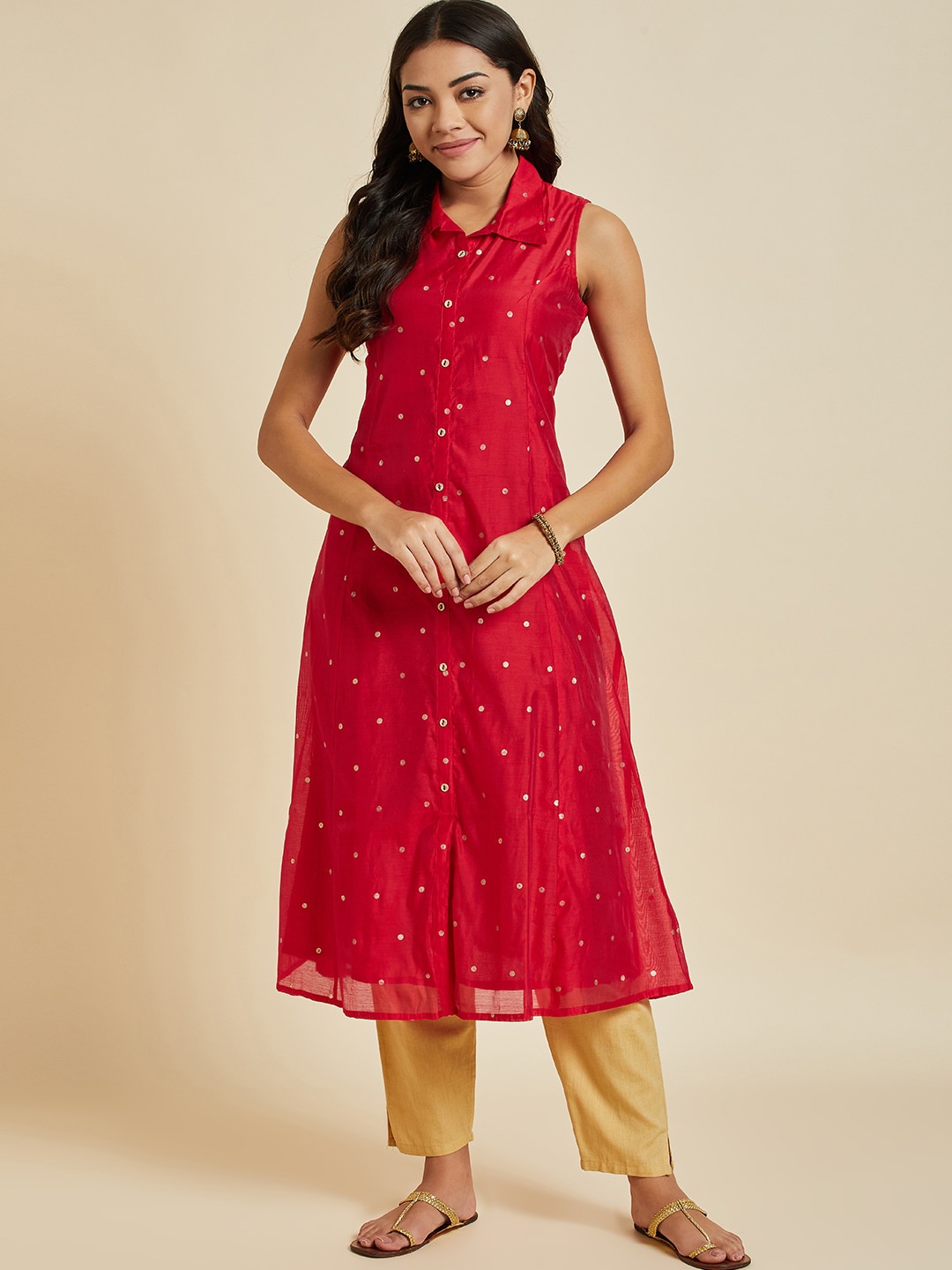 

Ramas Geometric Printed Shirt Collar Cotton A-Line Kurta, Red