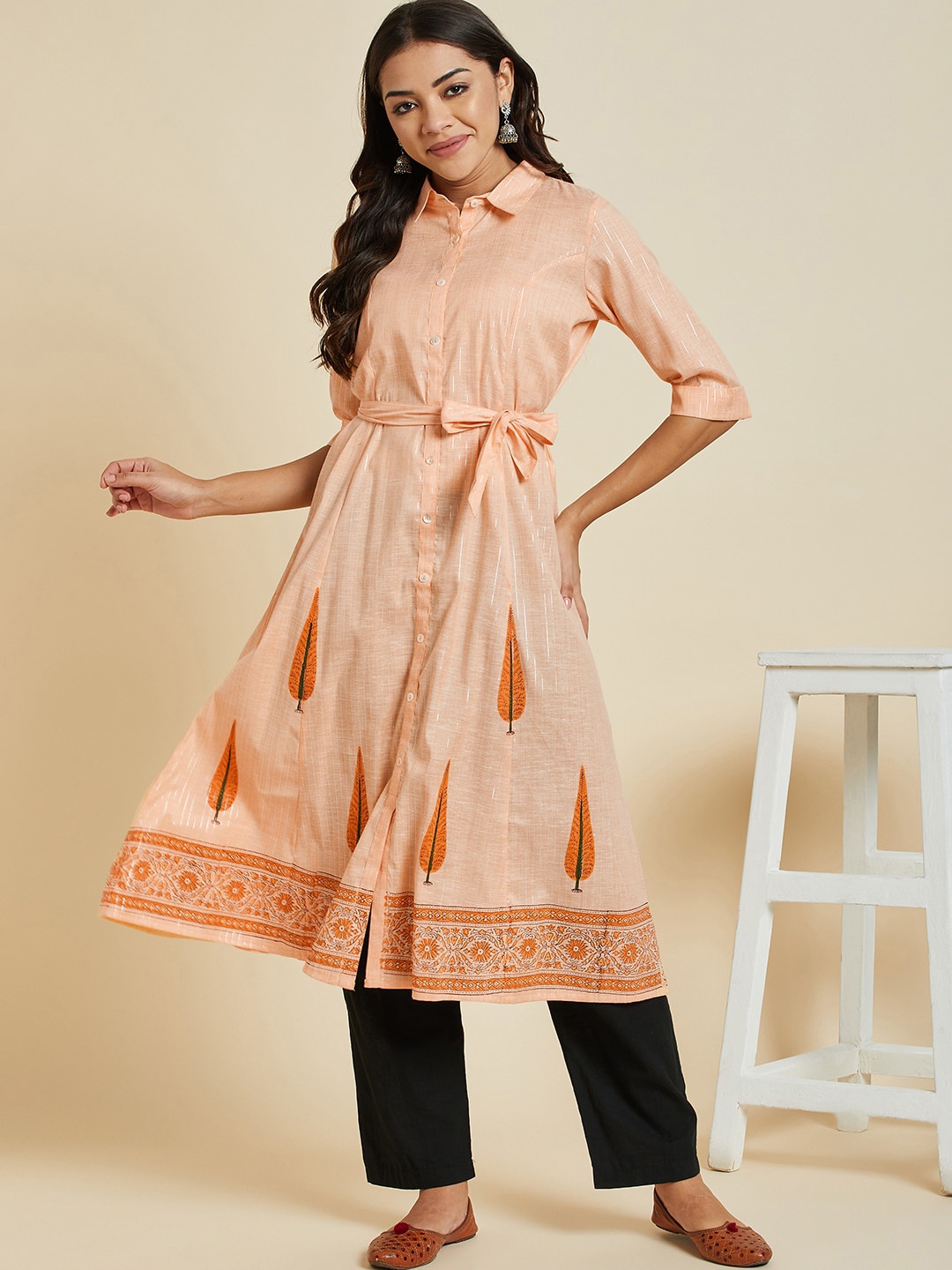 

Ramas Floral Printed Shirt Collar A-Line Cotton Kurta, Orange