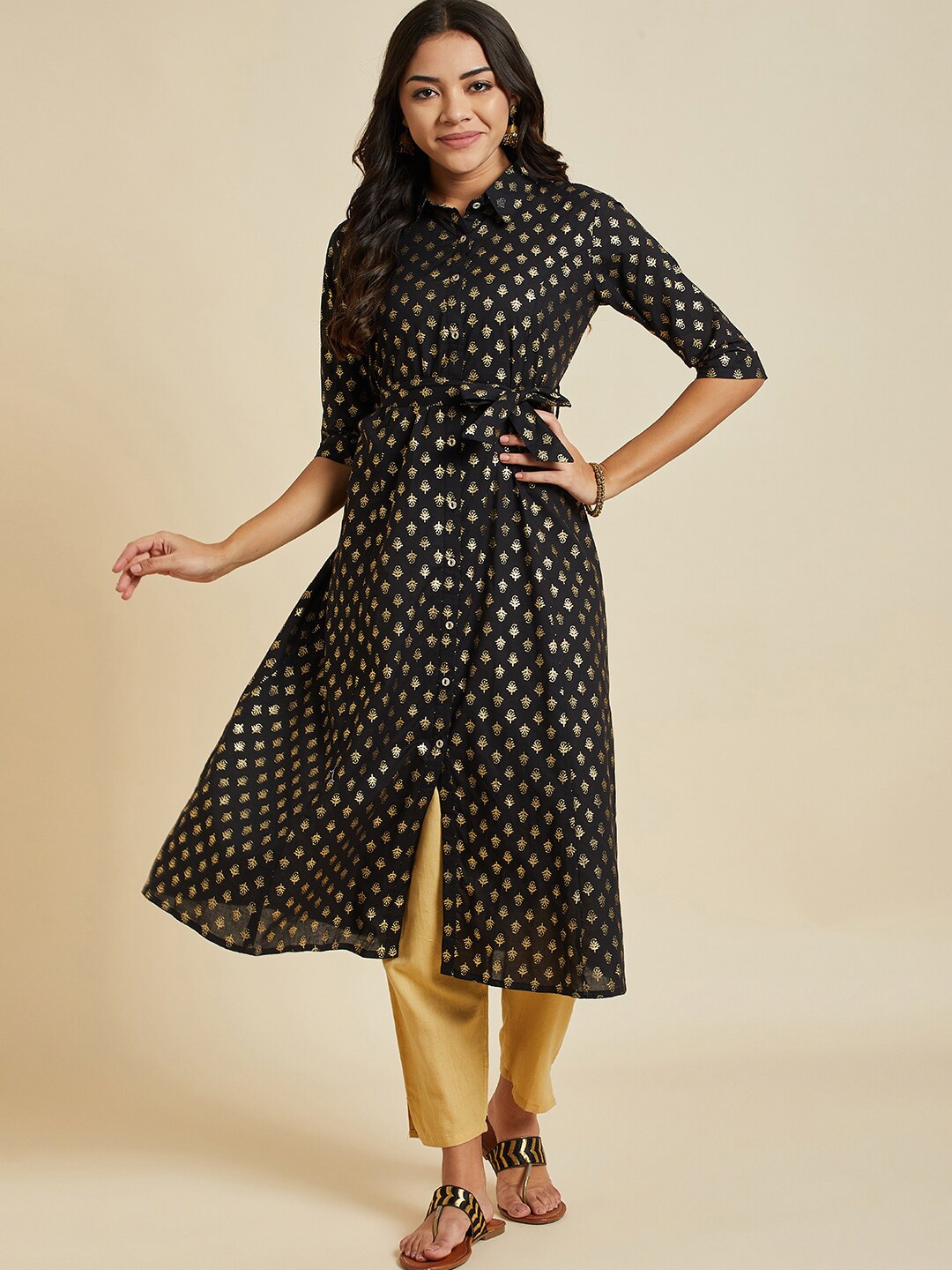 

Ramas Ethnic Motifs Printed Shirt Collar A-Line Cotton Kurta, Black