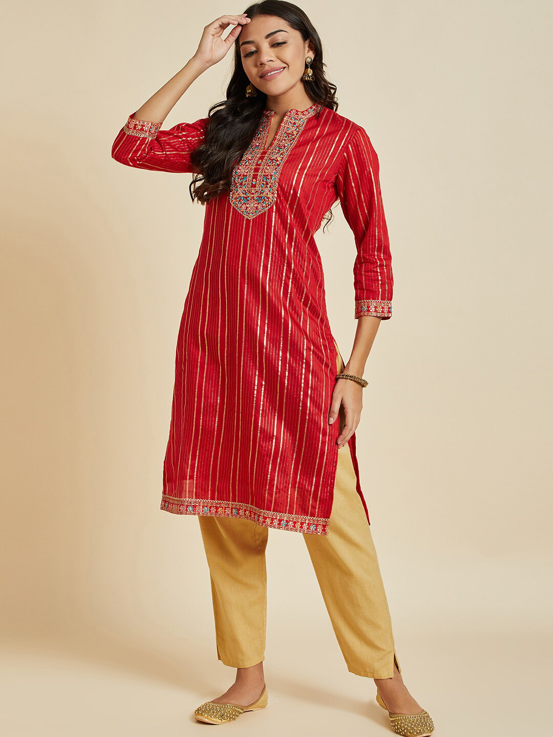 

Ramas Floral Yoke Design Mandarin Collar Sequined Straight Chanderi Silk Kurta, Red