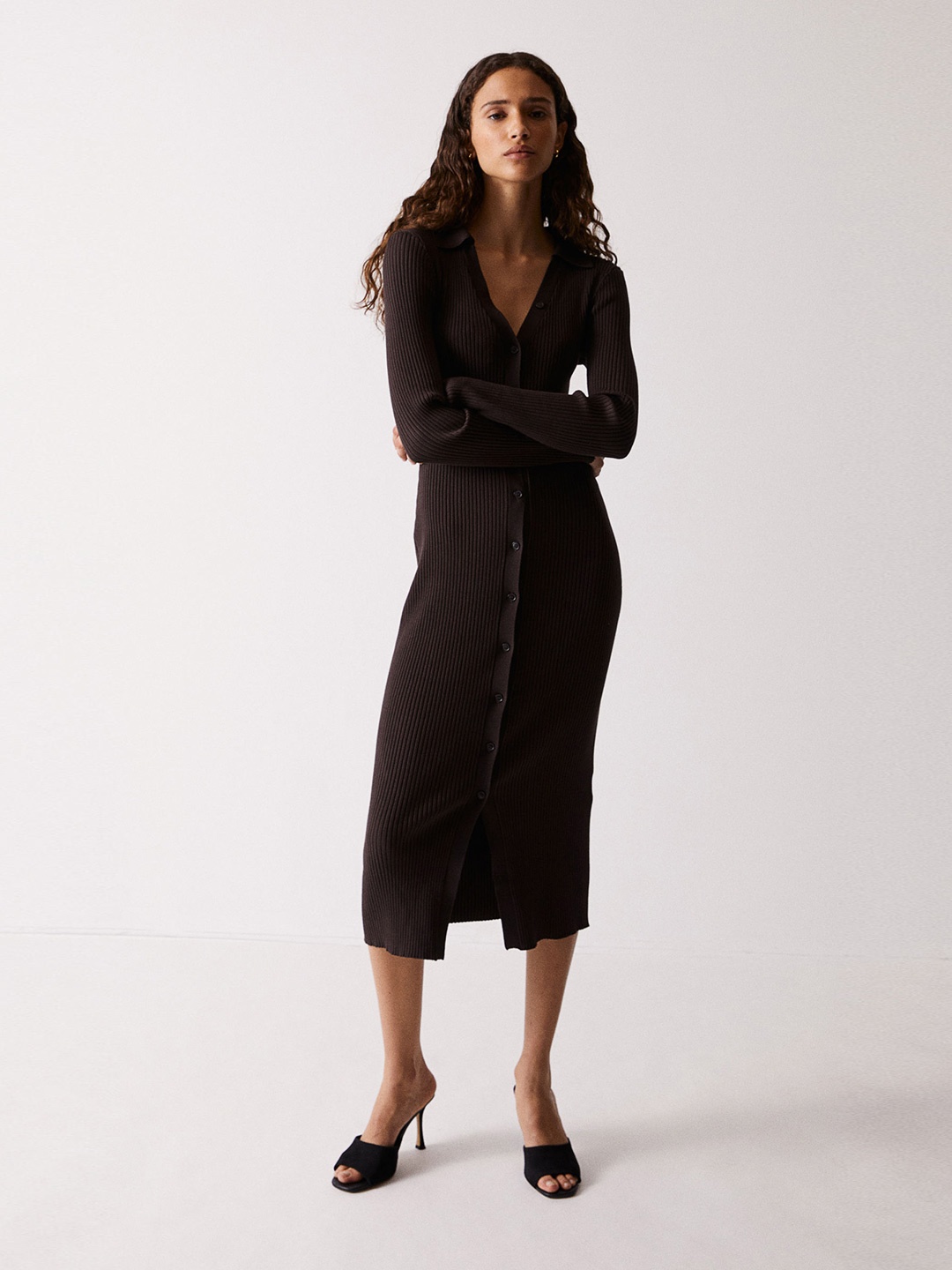 

H&M Rib-Knit Button-Front Dress, Brown