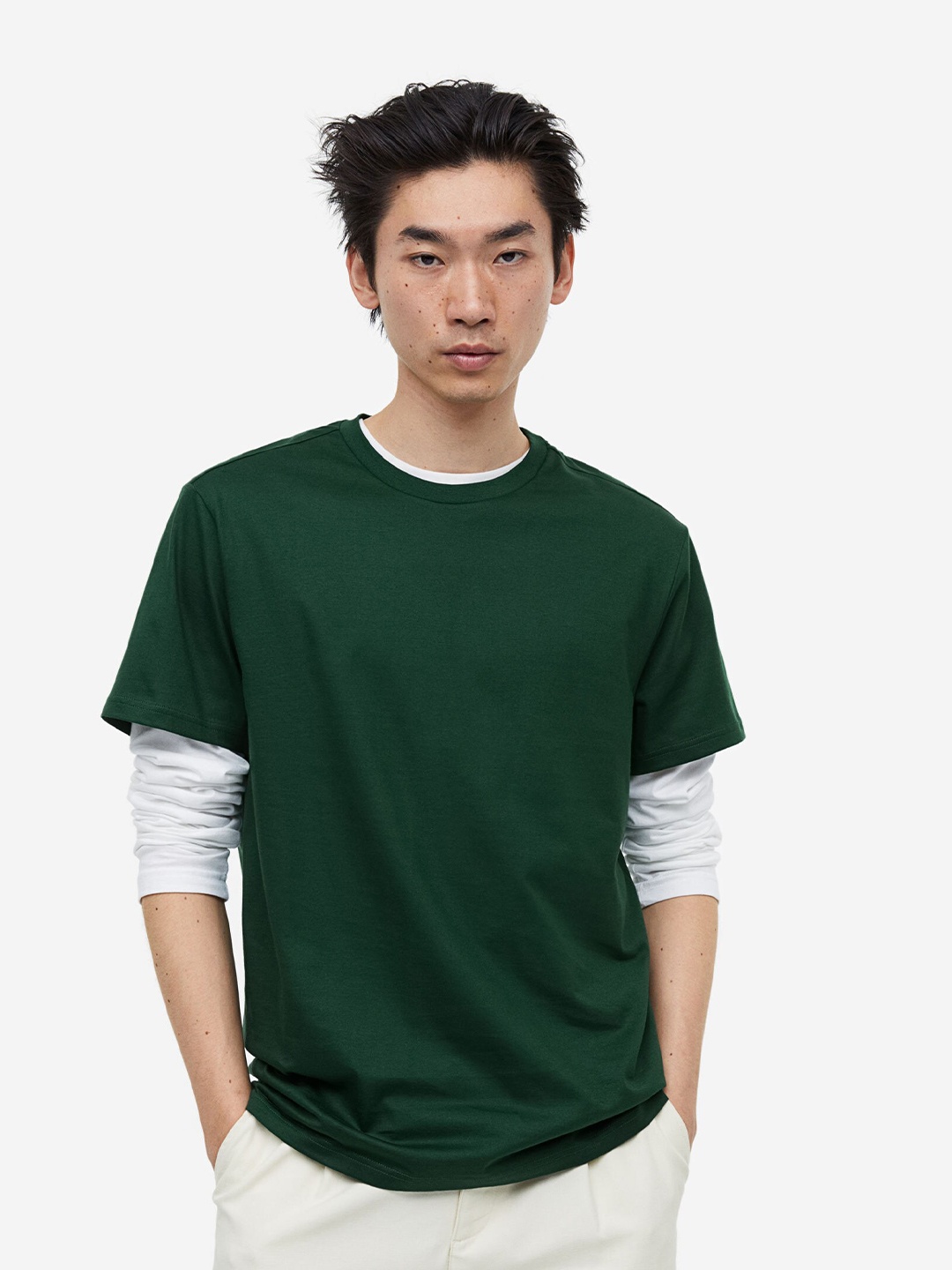 

H&M Pure Cotton Regular Fit Round-Neck T-Shirt, Green