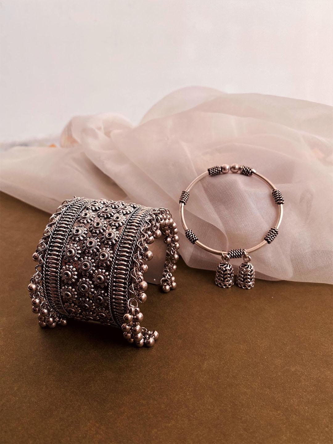 

ATIBELLE Set Of 2 German Silver-Plated Bangles With Jhumki Drop