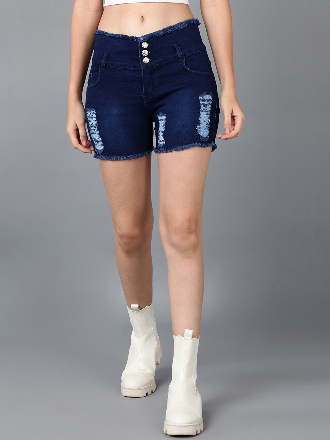 

A-Okay Women Washed Slim Fit Cycling Low Distressed Denim Shorts, Blue