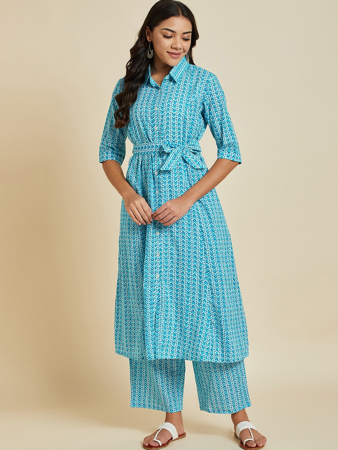 

Ramas Printed Shirt Collar Pure Cotton A-Line Kurta With Palazzos, Turquoise blue