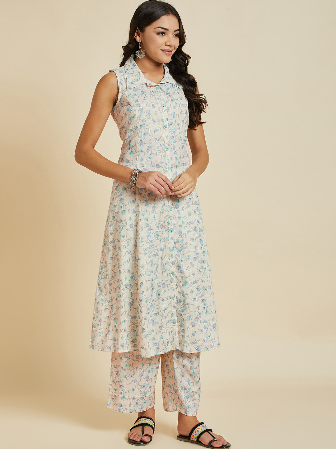 

Ramas Floral Printed Shirt Collar Pure Cotton A-Line Kurta With Palazzos, White